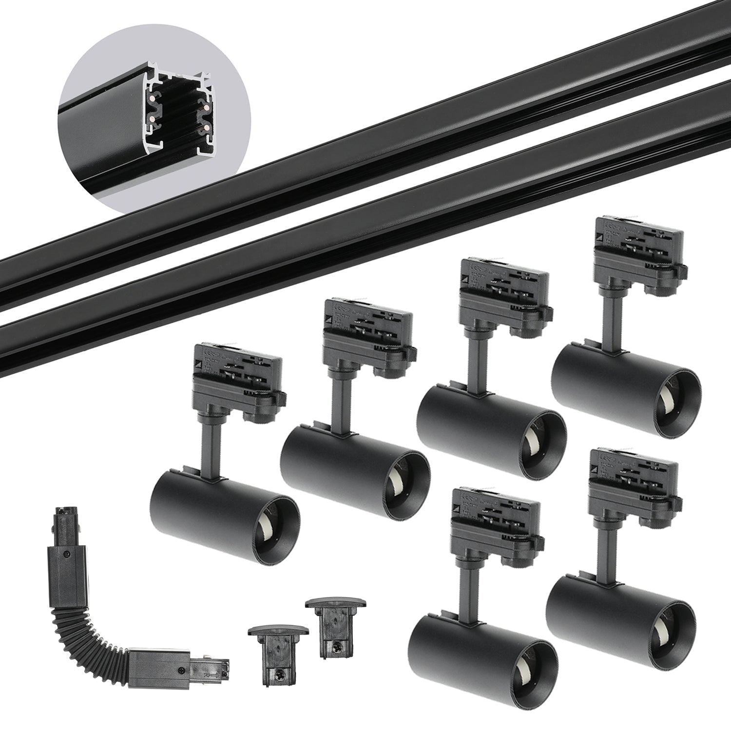 Zestaw szynowy 3 fazowy CZARNY 2x szyna 2m, 6x Reflektor GU10, Łącznik F - LAITICA