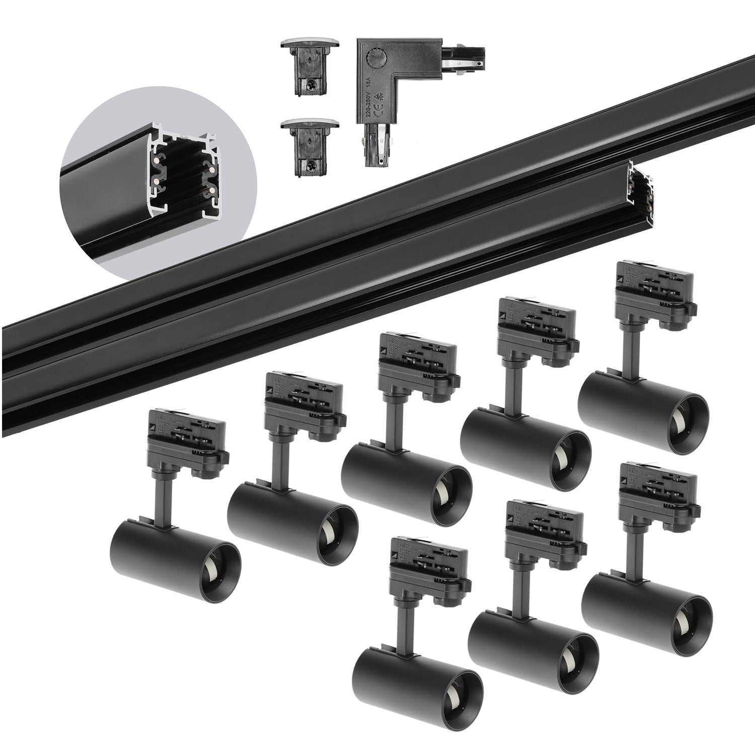 Zestaw szynowy 3 fazowy CZARNY Szyna 1m+2m, 8x Reflektor GU10, Łącznik L - LAITICA