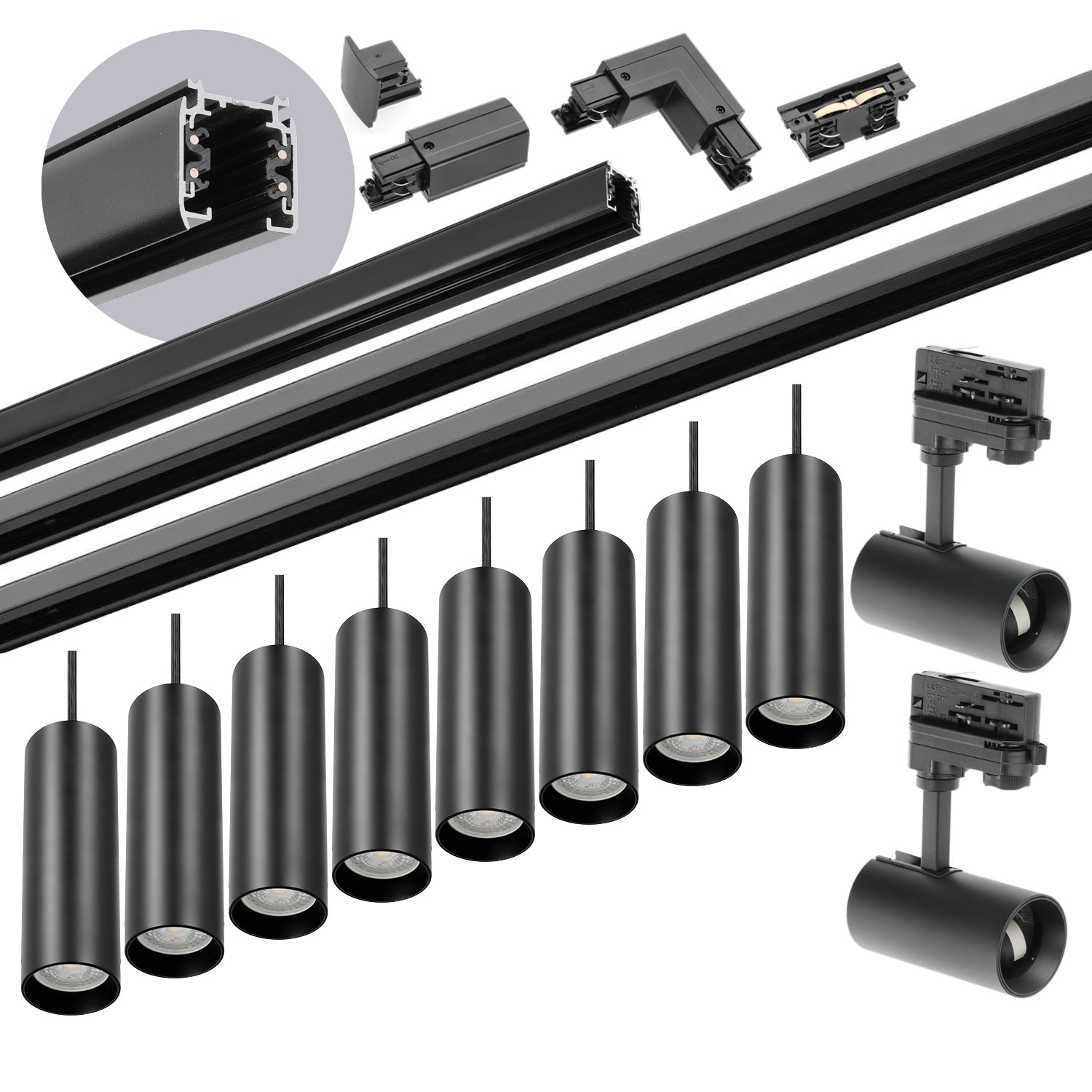 Zestaw szynowy 3 fazowy CZARNY szyna 1m+2m+2m, 10x Lampa, łącznik wew. + L - LAITICA