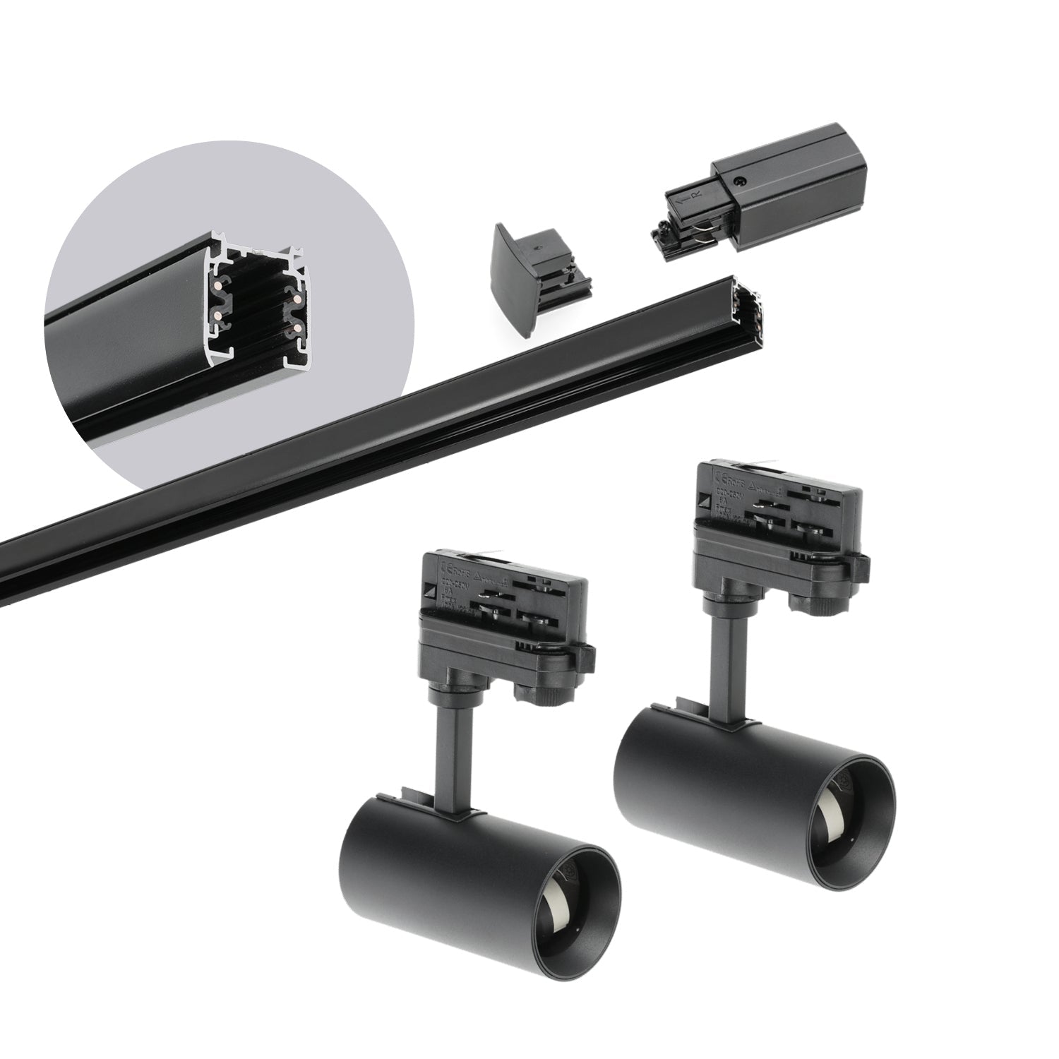 Zestaw szynowy 3 fazowy szyna 1m, 2x Lampa CZARNY kompletny zestaw - LAITICA