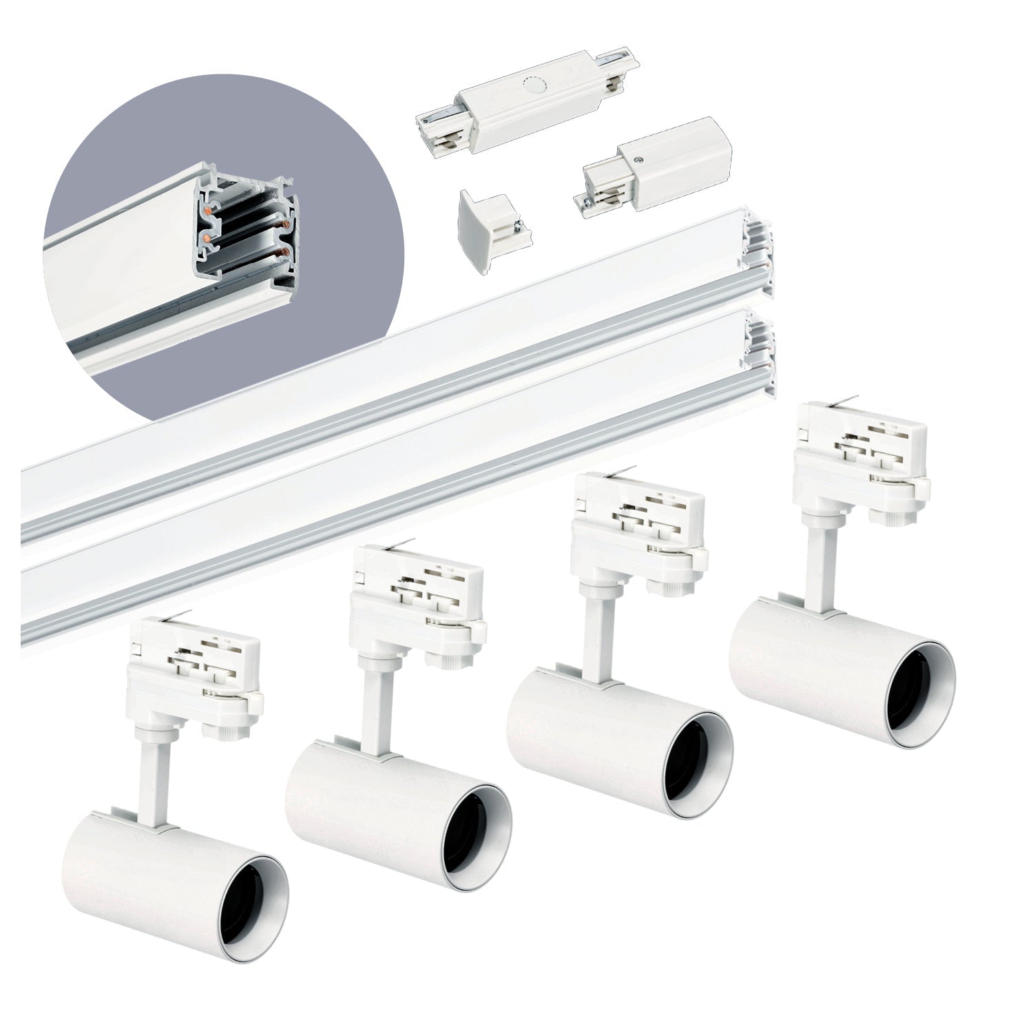 Zestaw szynowy 3 fazowy szyna 1m+1m, 4x Lampa, łącznik prosty BIAŁY komplet - LAITICA