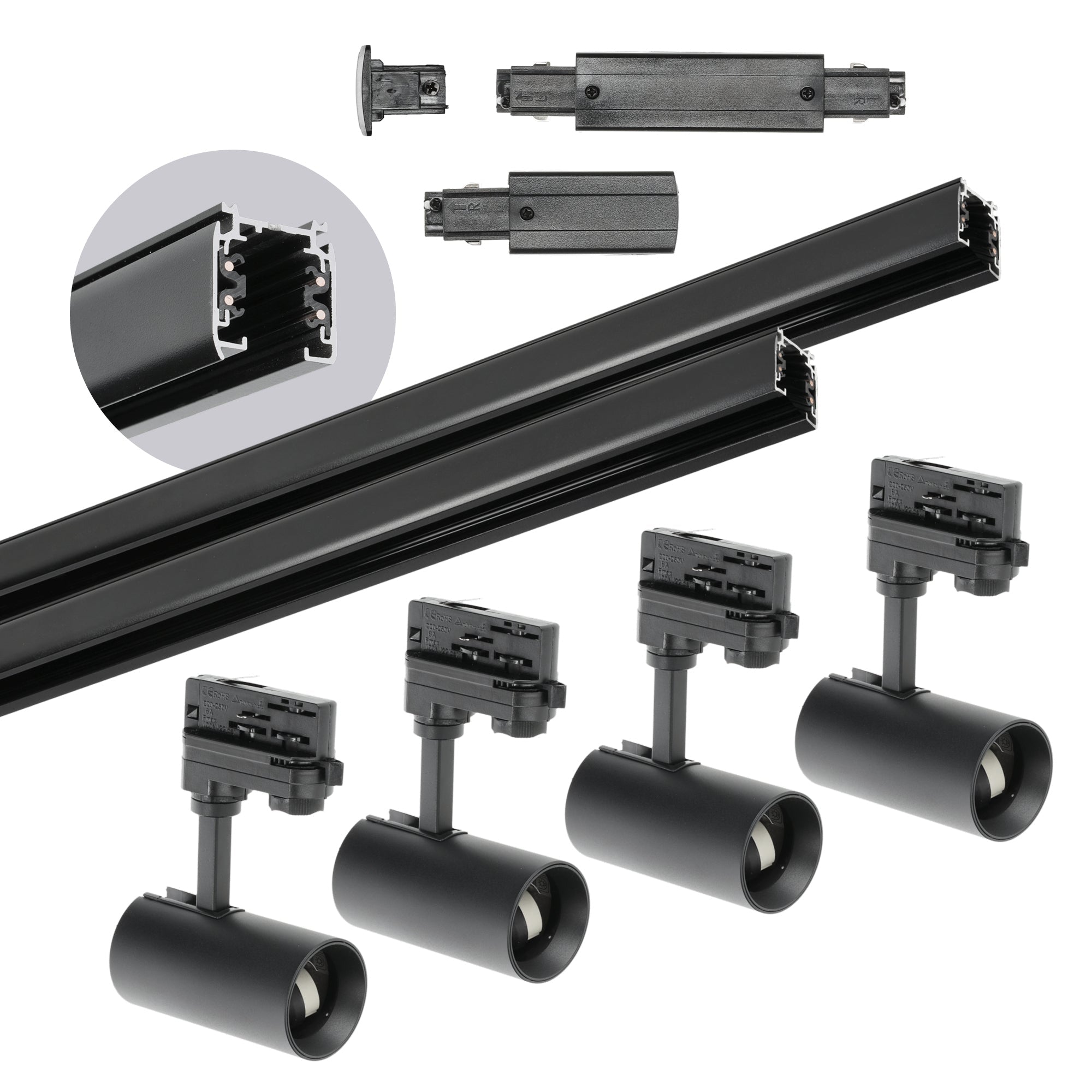 Zestaw szynowy 3 fazowy szyna 1m+1m, 4x Lampa, łącznik prosty CZARNY - LAITICA