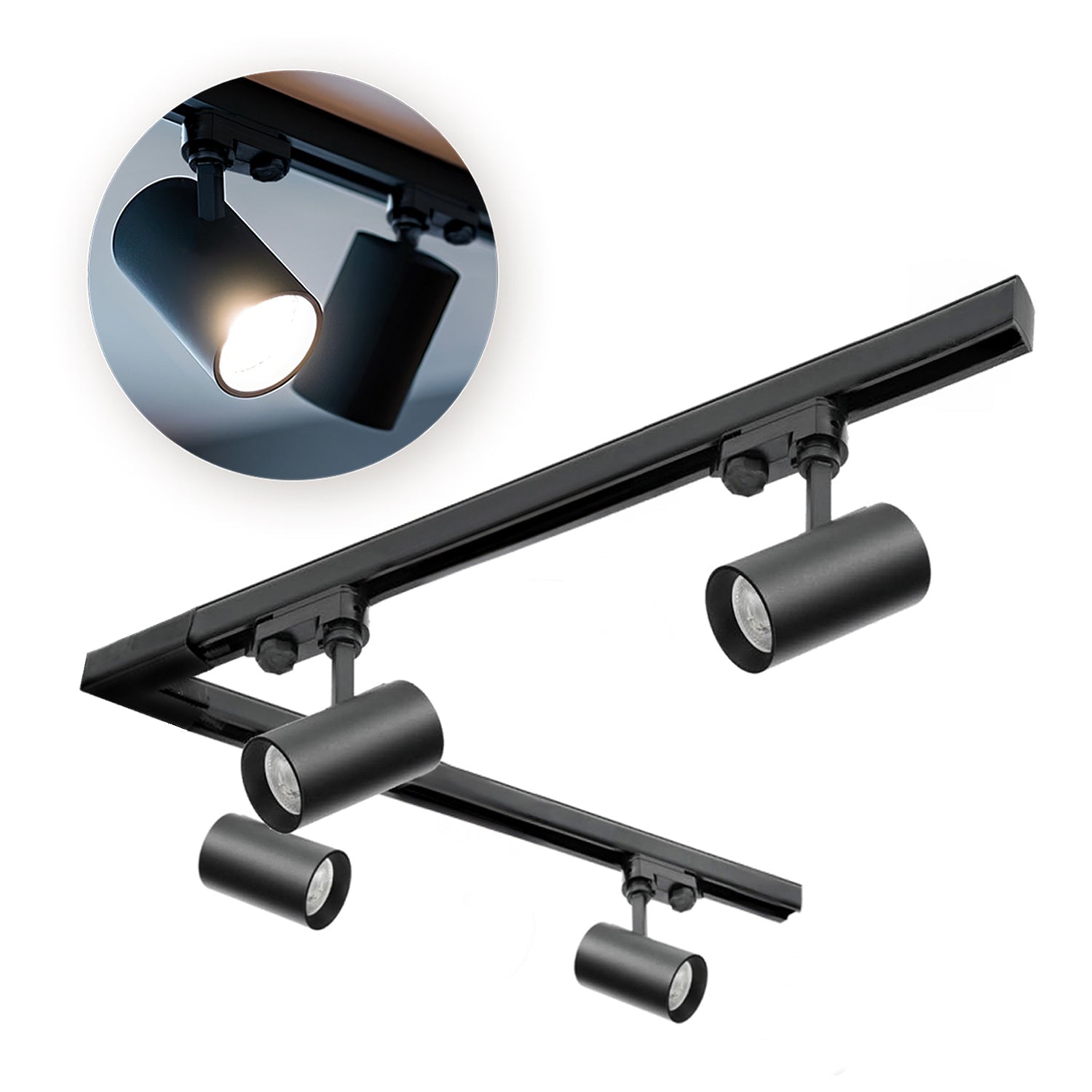 Zestaw szynowy 3 fazowy szyna 1m+1m, L prawy, 4x Lampa, 2x zaślepka CZARNY - LAITICA