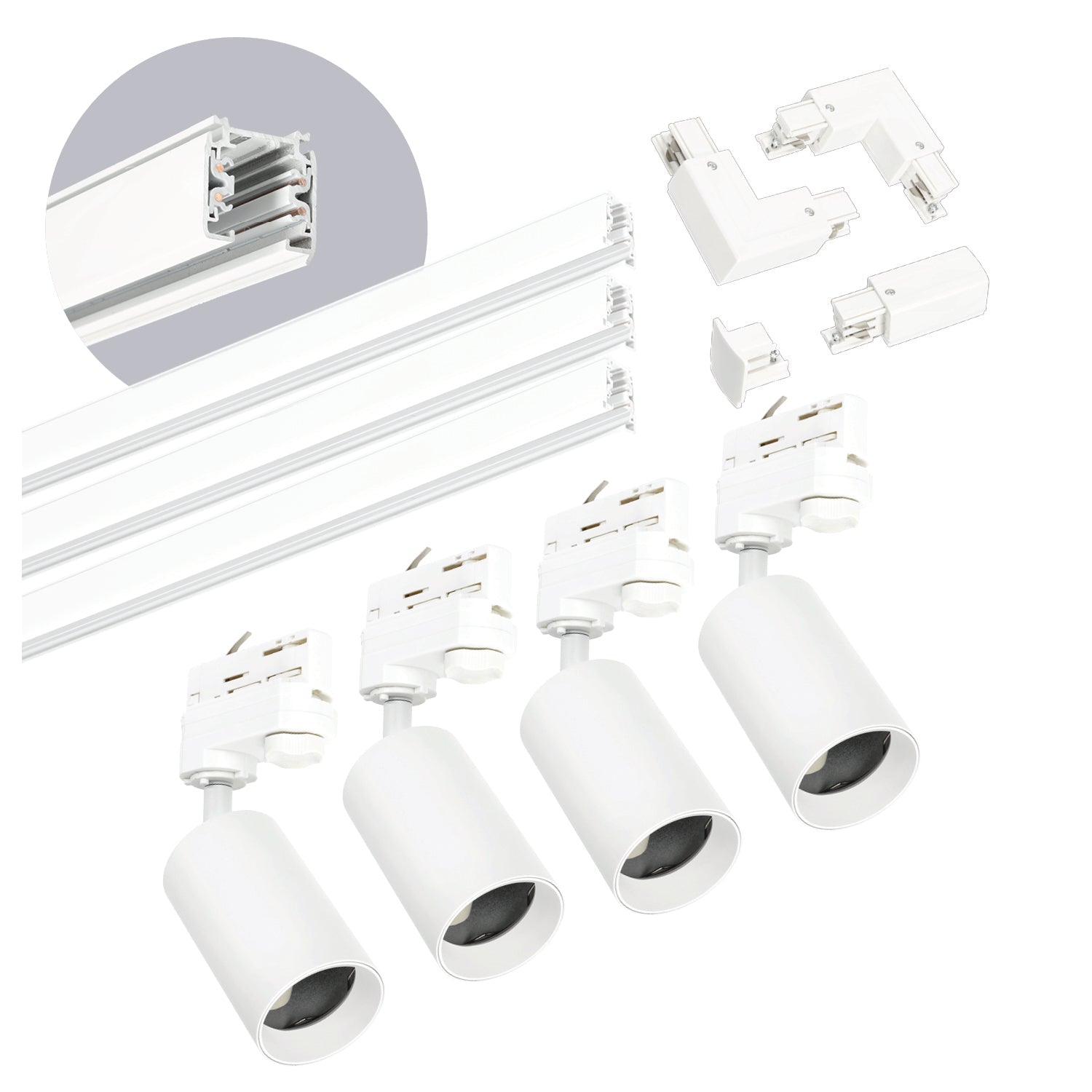Zestaw szynowy 3 fazowy szyna 1m+1m+1m, 4x reflektor GU10, łącznik L BIAŁY - LAITICA