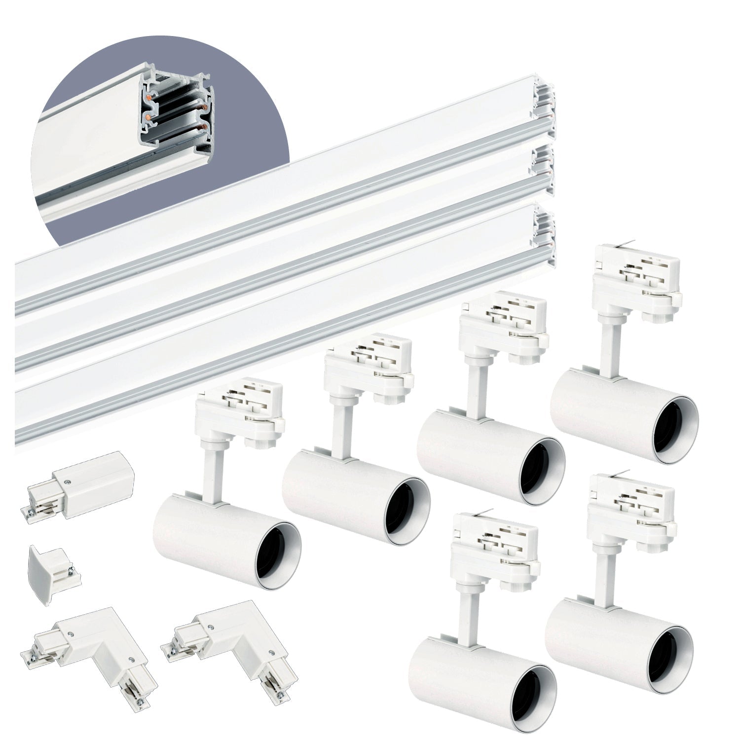 Zestaw szynowy 3 fazowy szyna 1m+1m+1m, 6x Lampa, łącznik L BIAŁY komplet - LAITICA