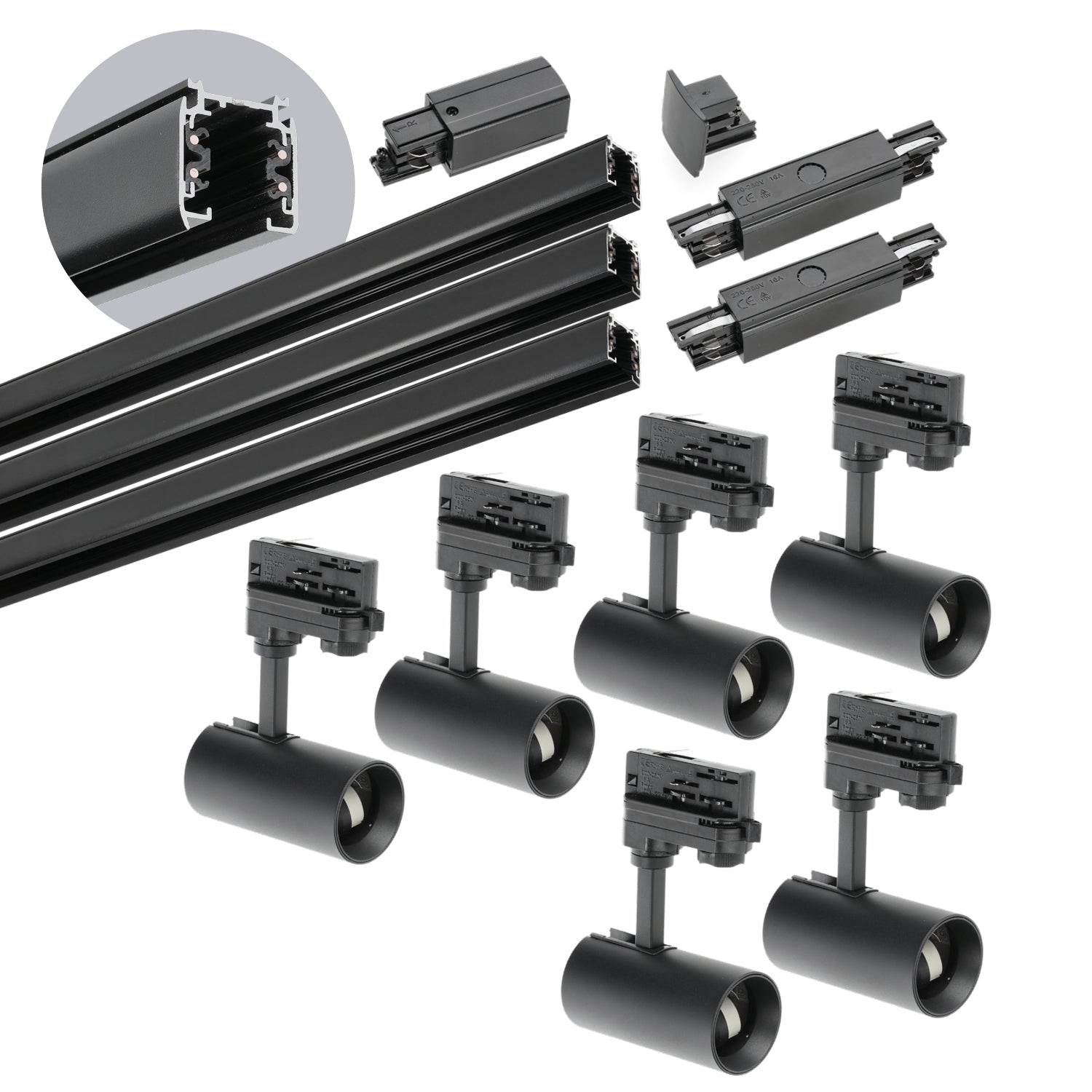 Zestaw szynowy 3 fazowy szyna 1m+1m+1m, 6x Lampa, łącznik prosty CZARNY - LAITICA
