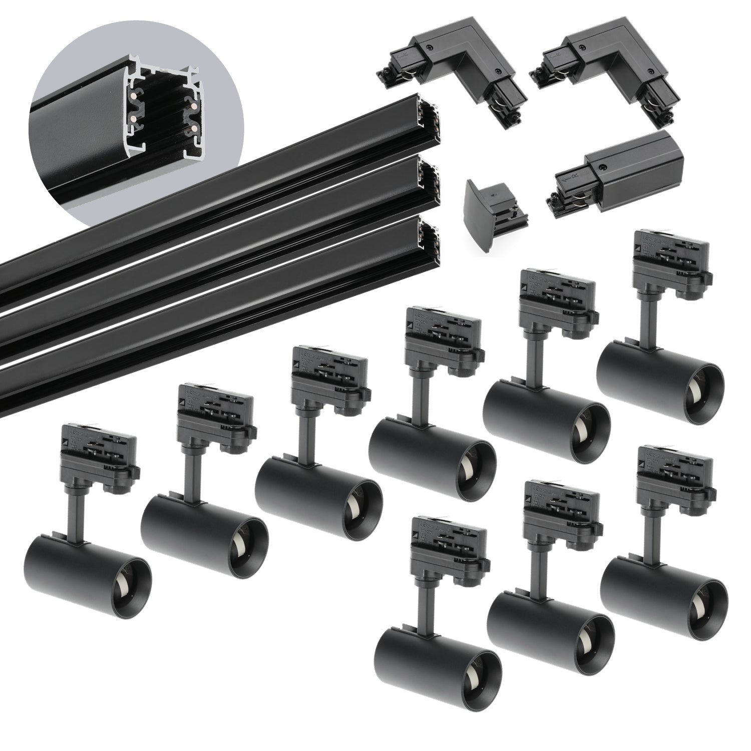 Zestaw szynowy 3 fazowy szyna 1m+1m+1m, 9x Lampa, łącznik L CZARNY komplet - LAITICA