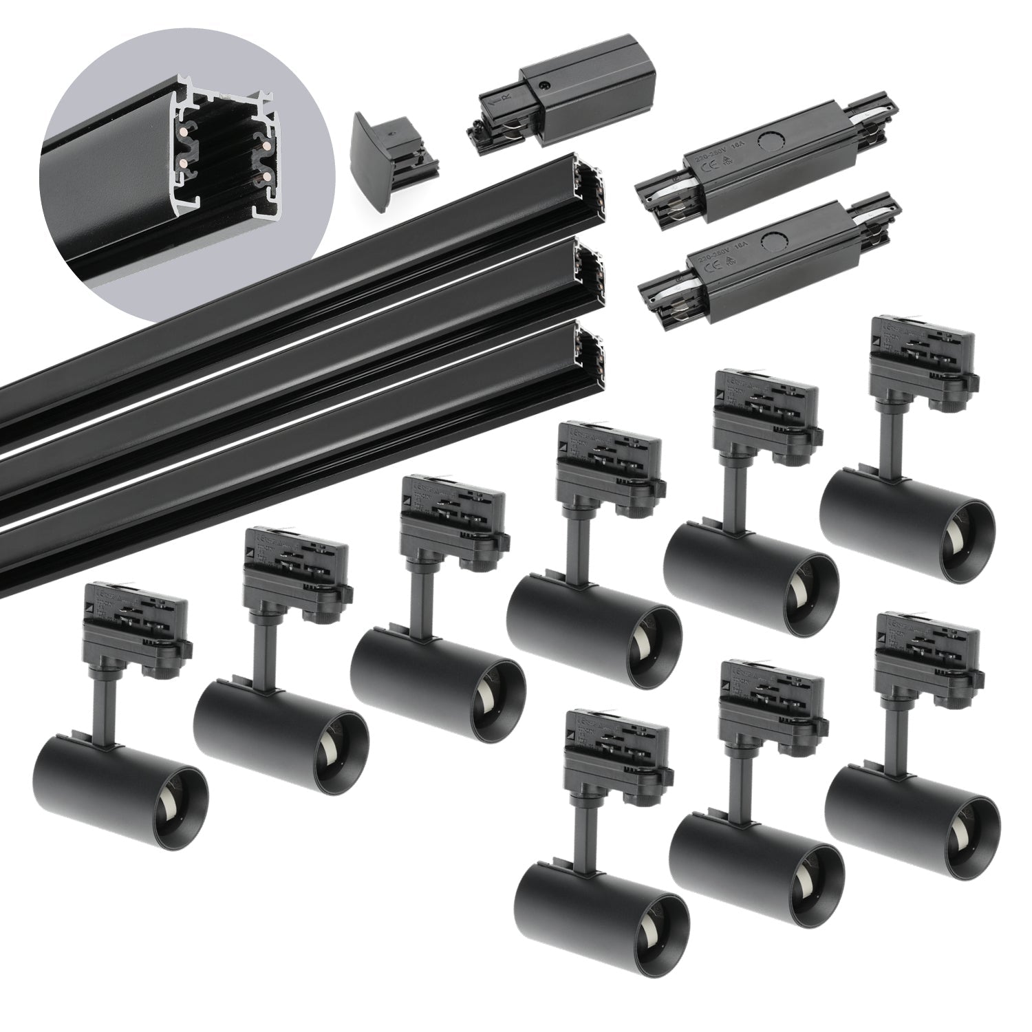 Zestaw szynowy 3 fazowy szyna 1m+1m+1m, 9x Lampa, łącznik prosty CZARNY - LAITICA