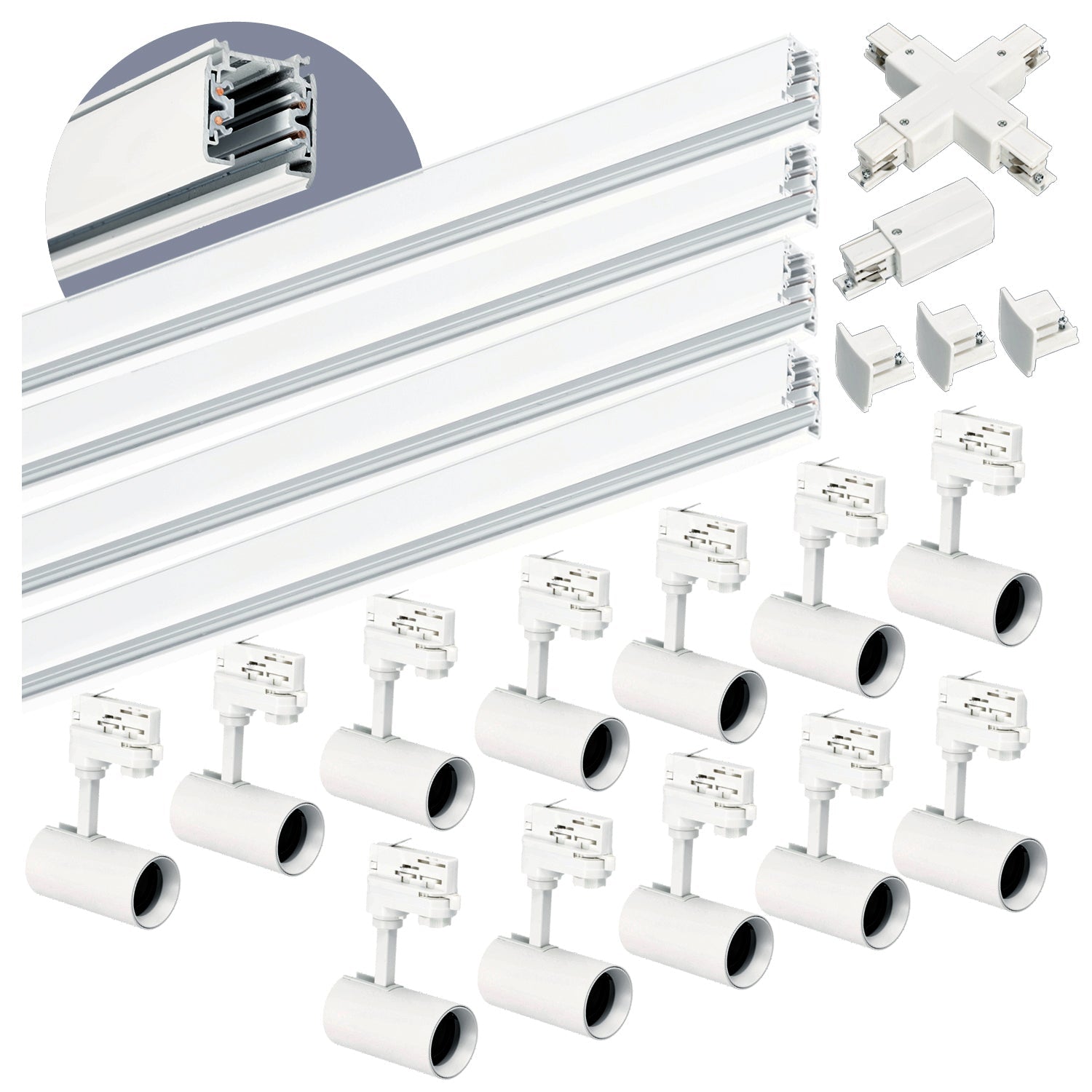 Zestaw szynowy 3 fazowy szyna 1m+1m+1m+1m, 12x Lampa, łącznik X BIAŁY - LAITICA