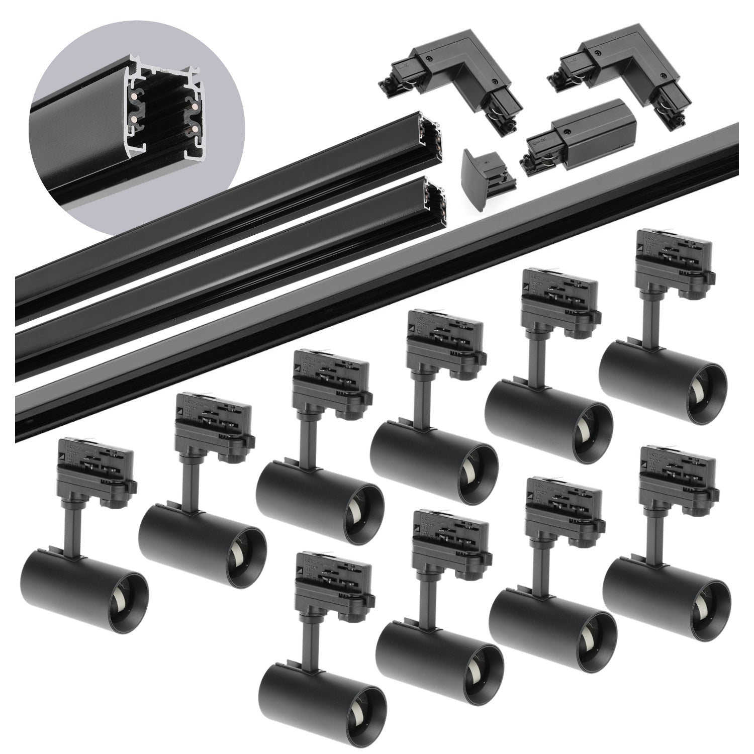 Zestaw szynowy 3 fazowy szyna 1m+1m+2m, 10x Lampa, łącznik L CZARNY komplet - LAITICA