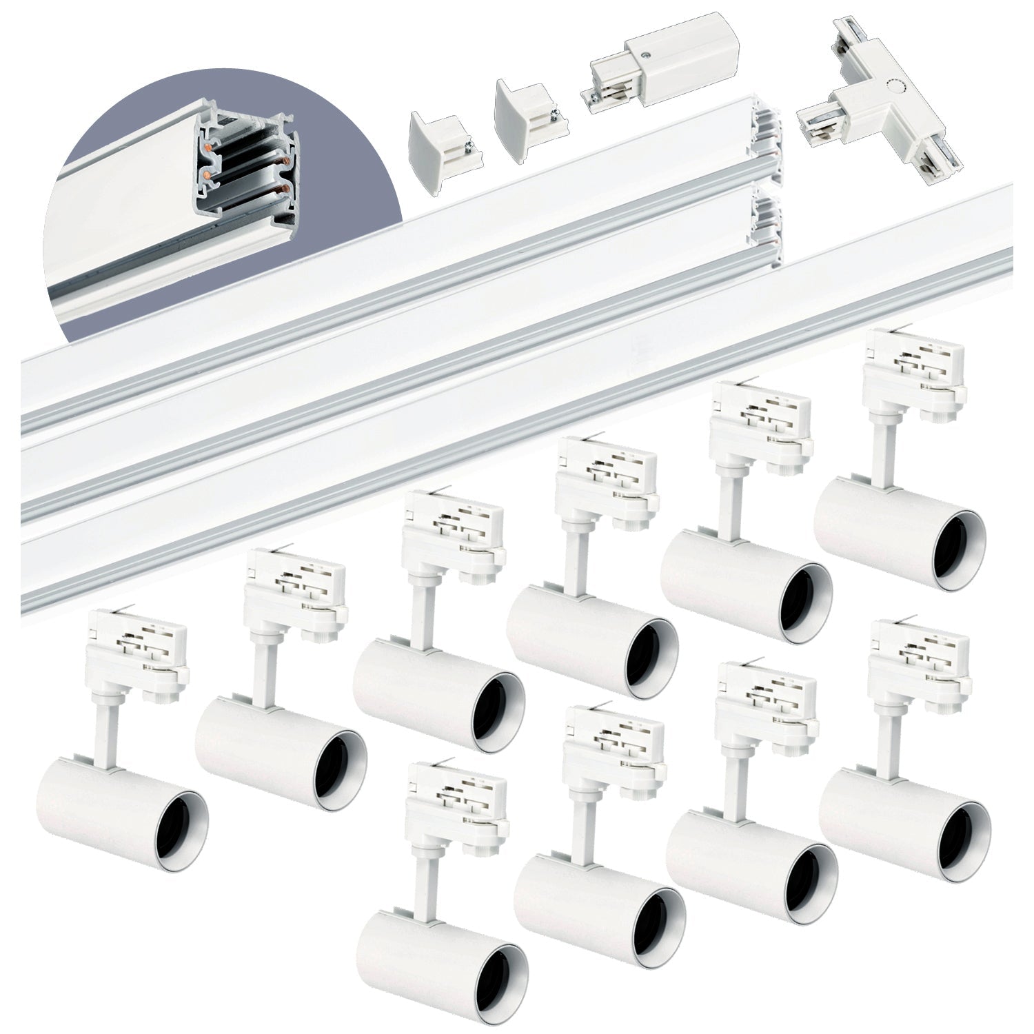 Zestaw szynowy 3 fazowy szyna 1m+1m+2m, 10x Lampa, łącznik T BIAŁY komplet - LAITICA