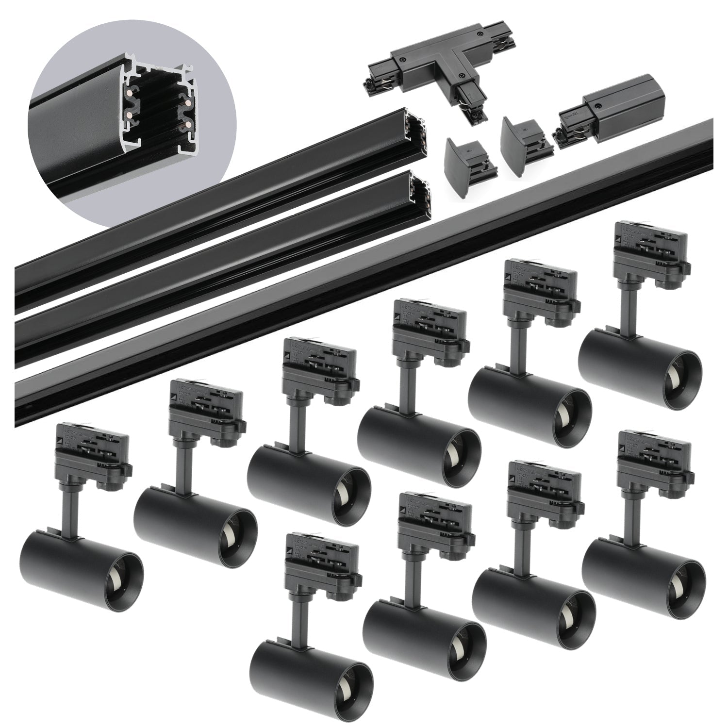 Zestaw szynowy 3 fazowy szyna 1m+1m+2m, 10x Lampa, łącznik T CZARNY komplet - LAITICA