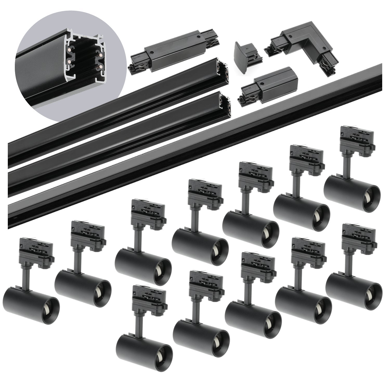 Zestaw szynowy 3 fazowy szyna 1m+1m+2m, 12x Lampa, łącznik I + L CZARNY - LAITICA