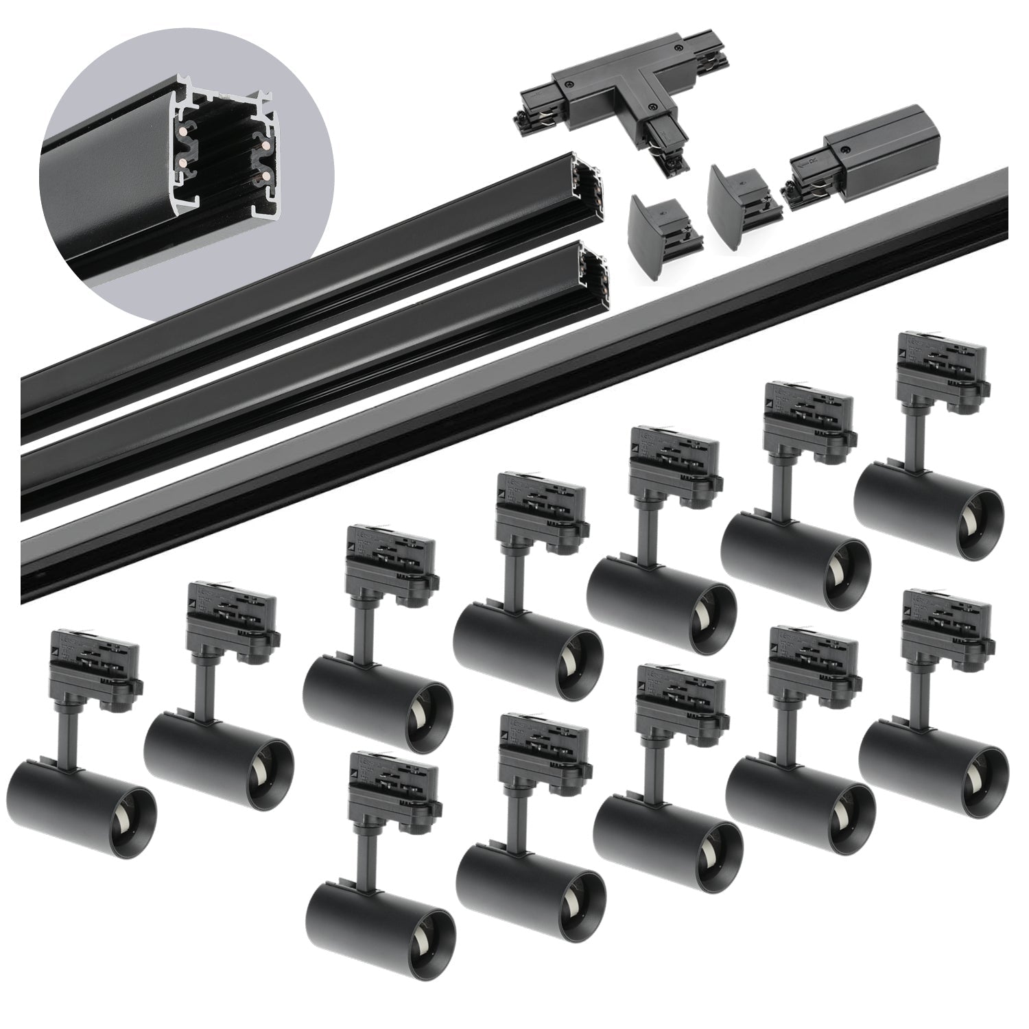 Zestaw szynowy 3 fazowy szyna 1m+1m+2m, 12x Lampa, łącznik T CZARNY komplet - LAITICA