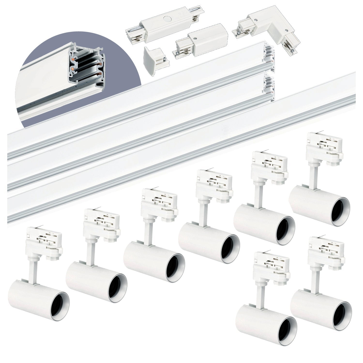 Zestaw szynowy 3 fazowy szyna 1m+1m+2m, 8x Lampa, łącznik I + L BIAŁY - LAITICA