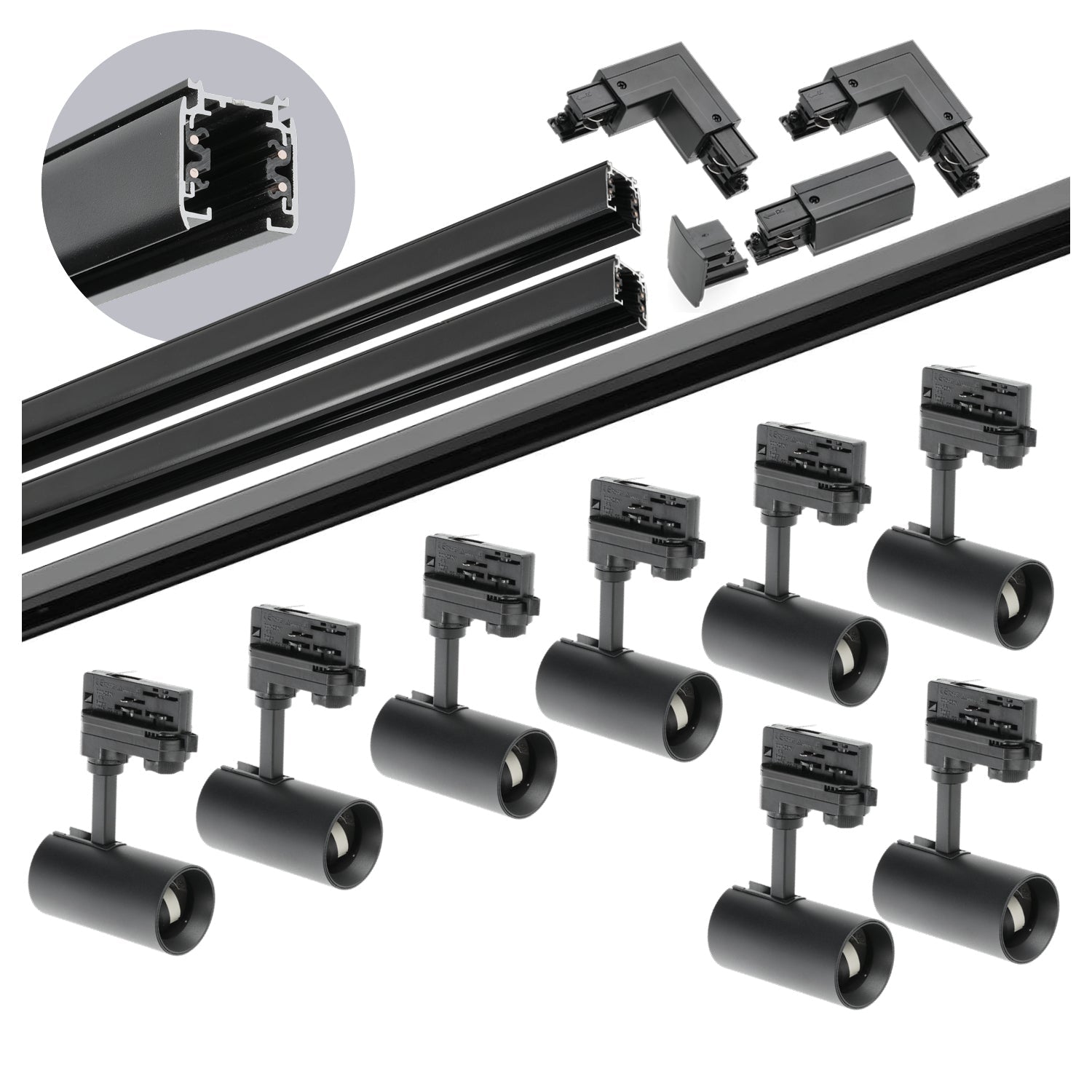 Zestaw szynowy 3 fazowy szyna 1m+1m+2m, 8x Lampa, łącznik L CZARNY komplet - LAITICA