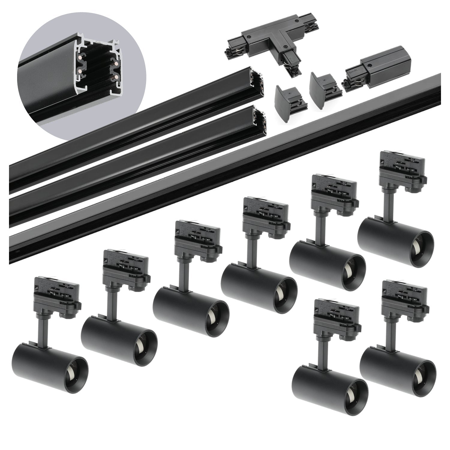Zestaw szynowy 3 fazowy szyna 1m+1m+2m, 8x Lampa, łącznik T CZARNY komplet - LAITICA