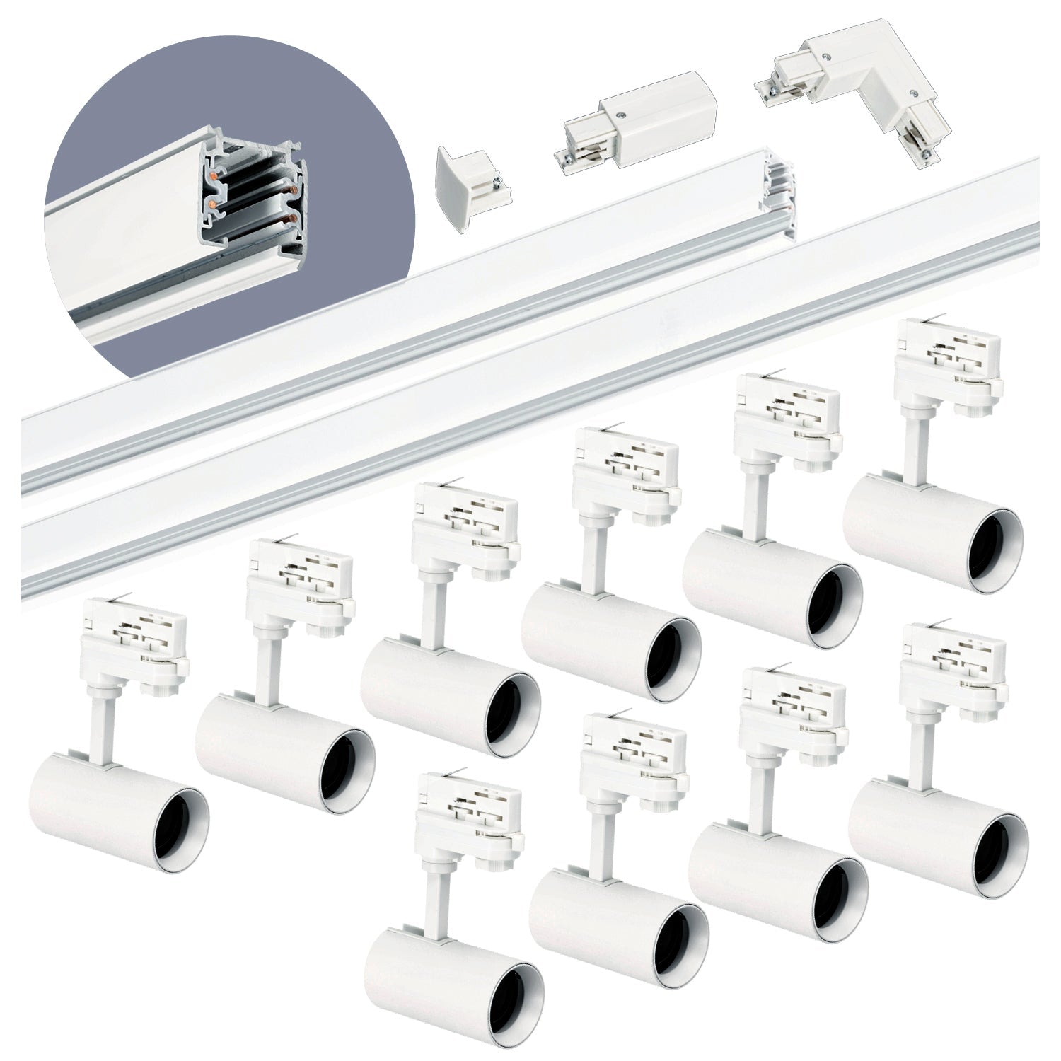 Zestaw szynowy 3 fazowy szyna 1m+2m, 10x Lampa, łącznik L BIAŁY komplet - LAITICA