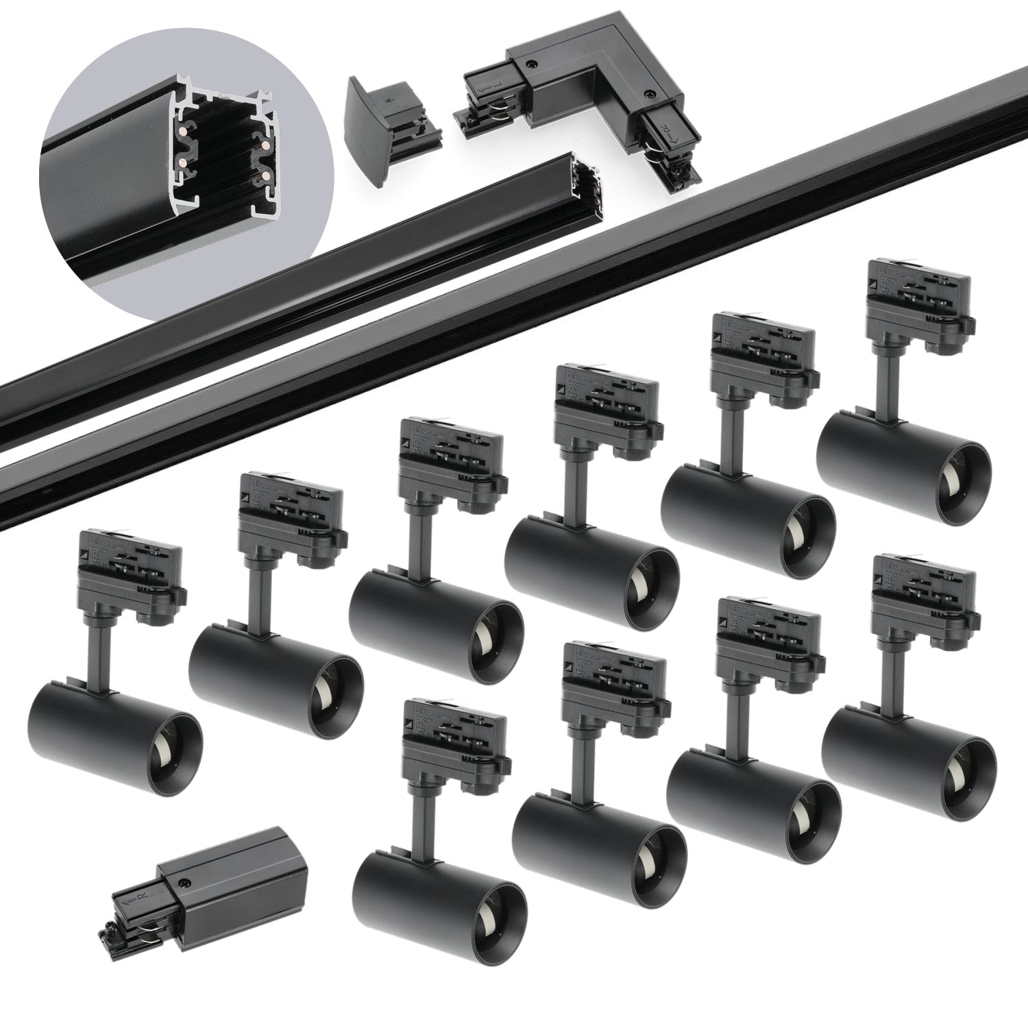 Zestaw szynowy 3 fazowy szyna 1m+2m, 10x Lampa, łącznik L CZARNY komplet - LAITICA