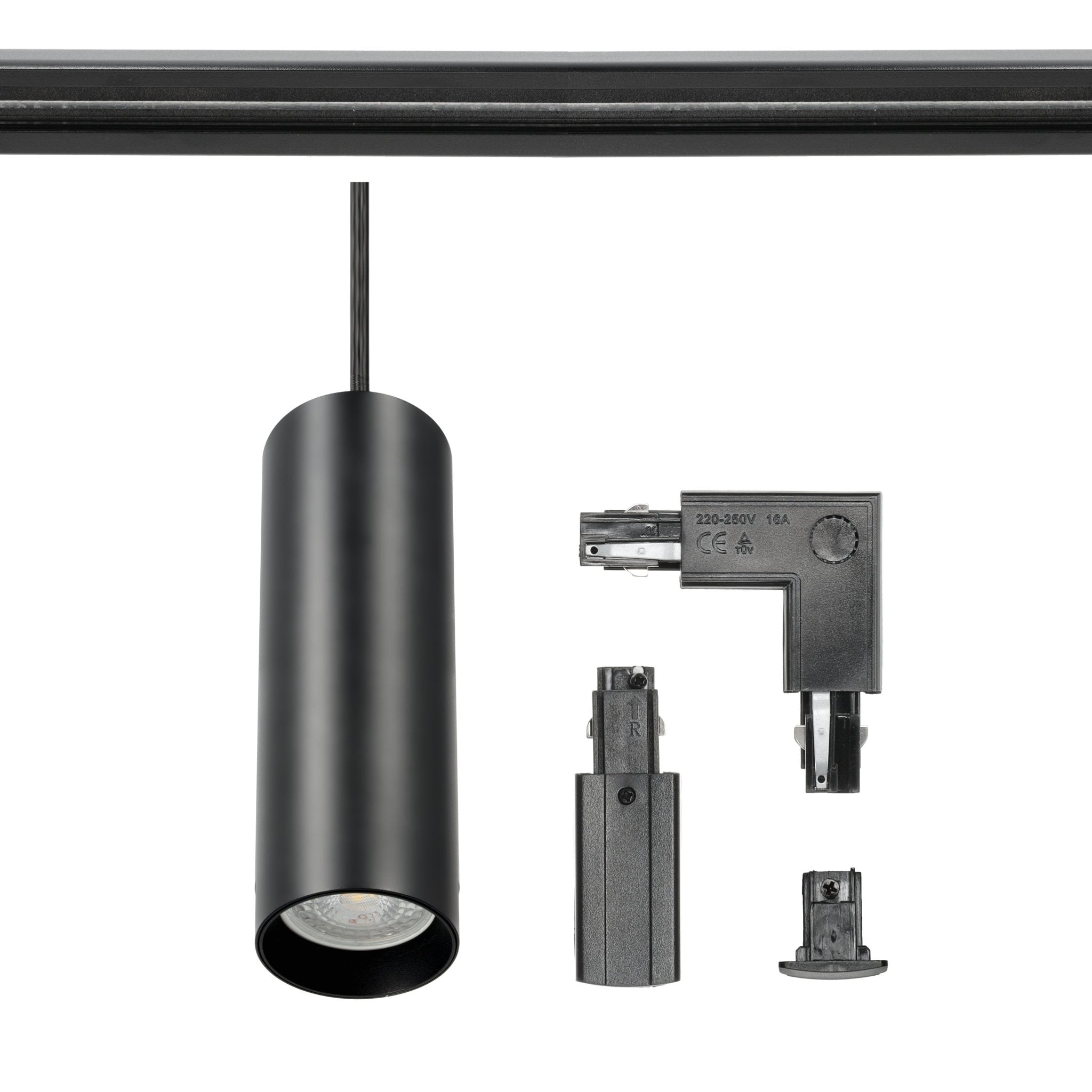 Zestaw szynowy 3 fazowy szyna 1m+2m, 5x Lampa wisząca, łącznik L CZARNY - LAITICA