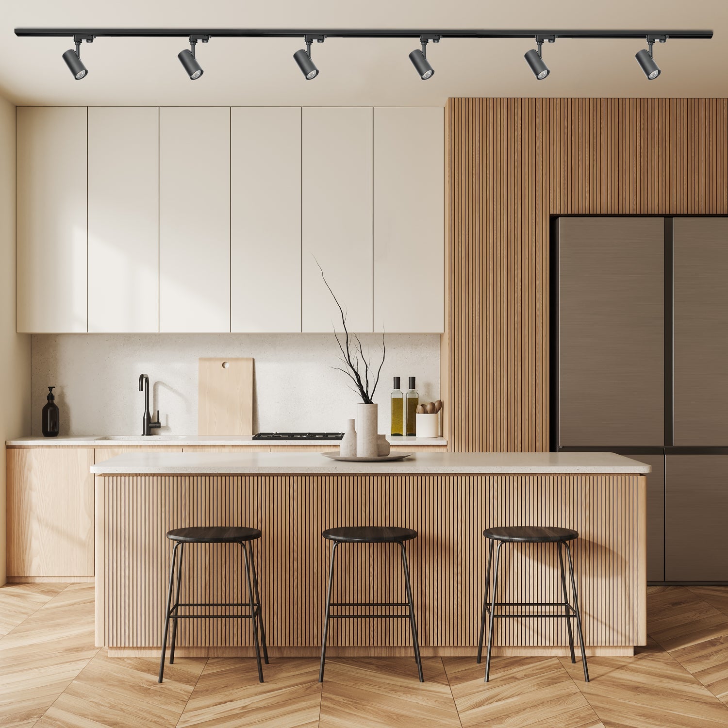 Zestaw szynowy 3 fazowy szyna 1m+2m, 6x Lampa, łącznik prosty CZARNY - LAITICA