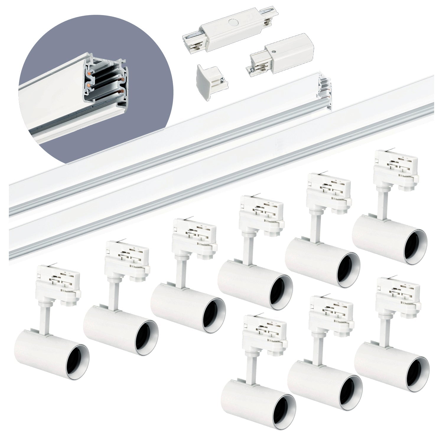 Zestaw szynowy 3 fazowy szyna 1m+2m, 9x reflektor, łącznik prosty BIAŁY - LAITICA