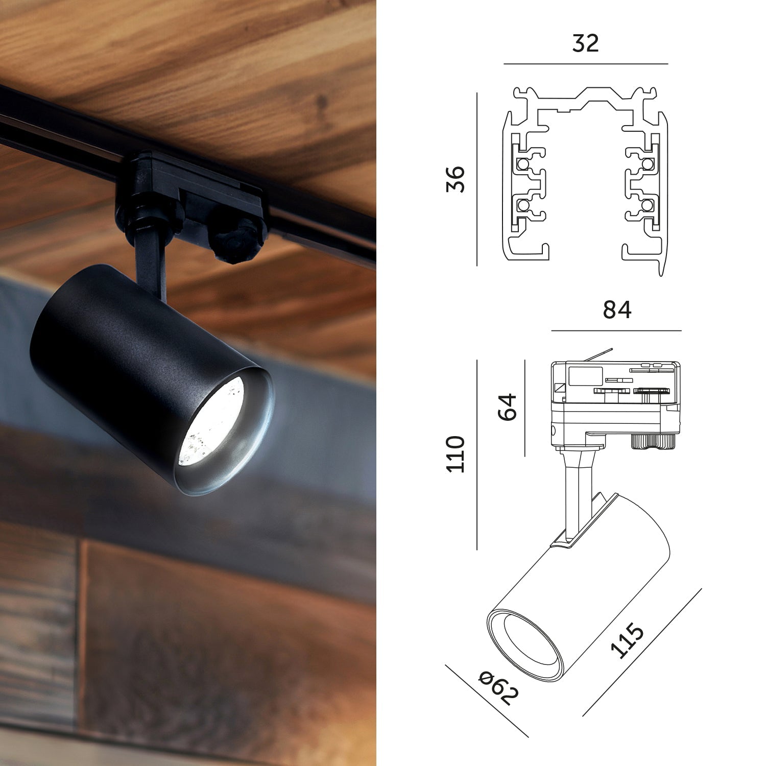 Zestaw szynowy 3 fazowy szyna 1m+2m, I zew., 5x Lampa, 2x zaślepka CZARNY - LAITICA