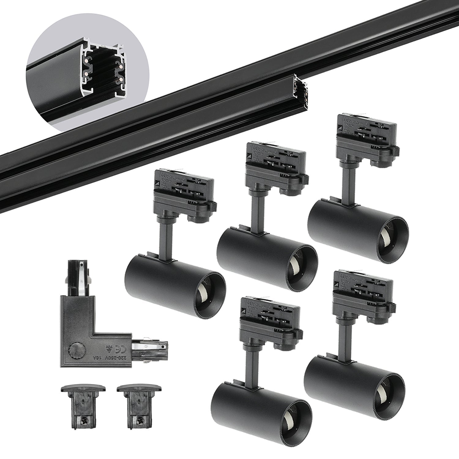 Zestaw szynowy 3 fazowy szyna 1m+2m, L prawy, 5x Lampa, 2x zaślepka CZARNY - LAITICA