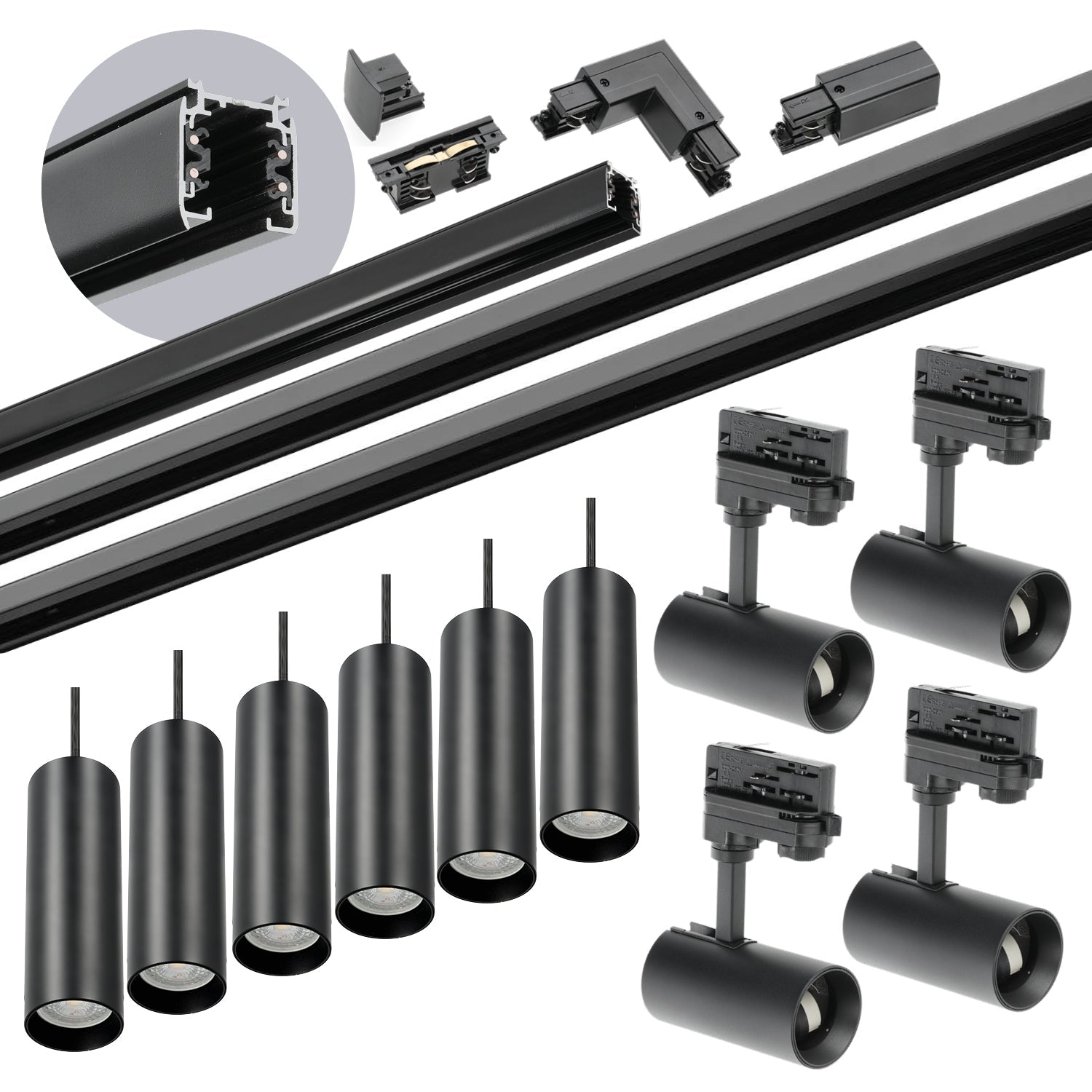 Zestaw szynowy 3 fazowy szyna 1m+2m+2m, 10x Lampa, łącznik wew. + L CZARNY - LAITICA