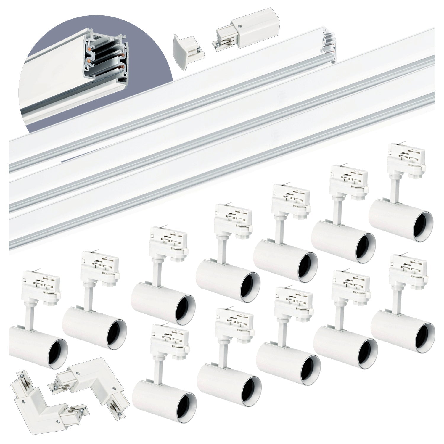 Zestaw szynowy 3 fazowy szyna 1m+2m+2m, 12x Lampa, 2x łącznik L BIAŁY - LAITICA