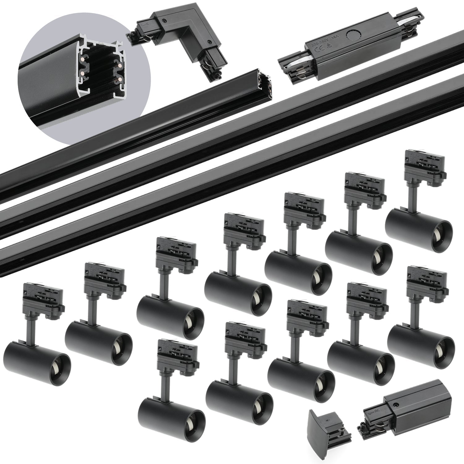 Zestaw szynowy 3 fazowy szyna 1m+2m+2m, 12x Lampa, łącznik I + L CZARNY - LAITICA