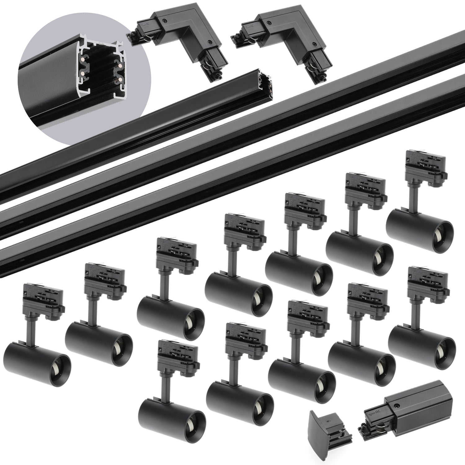Zestaw szynowy 3 fazowy szyna 1m+2m+2m, 12x Lampa, łącznik L CZARNY - LAITICA