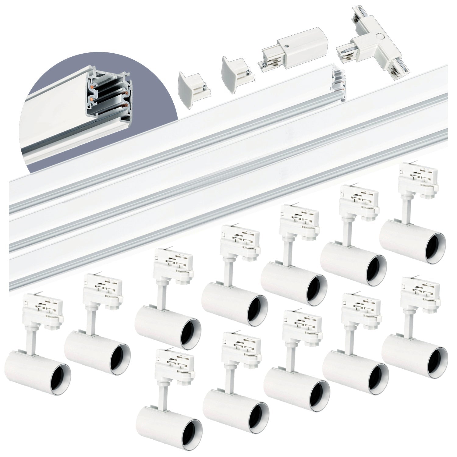 Zestaw szynowy 3 fazowy szyna 1m+2m+2m, 12x Lampa, łącznik T BIAŁY komplet - LAITICA