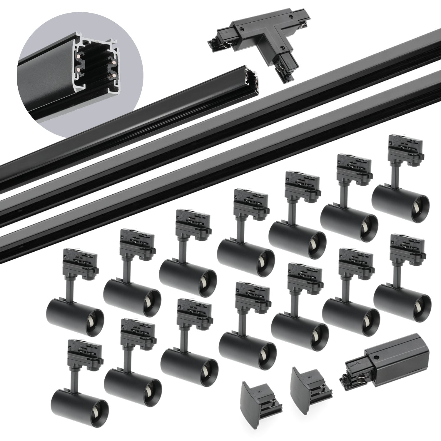 Zestaw szynowy 3 fazowy szyna 1m+2m+2m, 14x Lampa, łącznik T CZARNY komplet - LAITICA