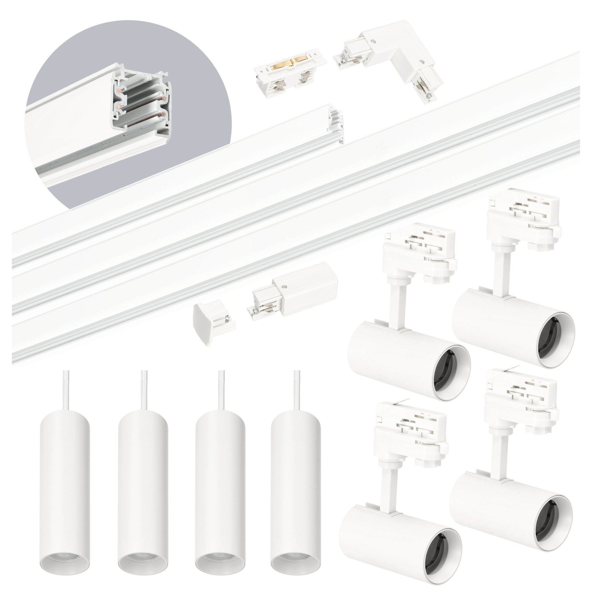Zestaw szynowy 3 fazowy szyna 1m+2m+2m, 8x Lampa, łącznik wew. + L BIAŁY - LAITICA