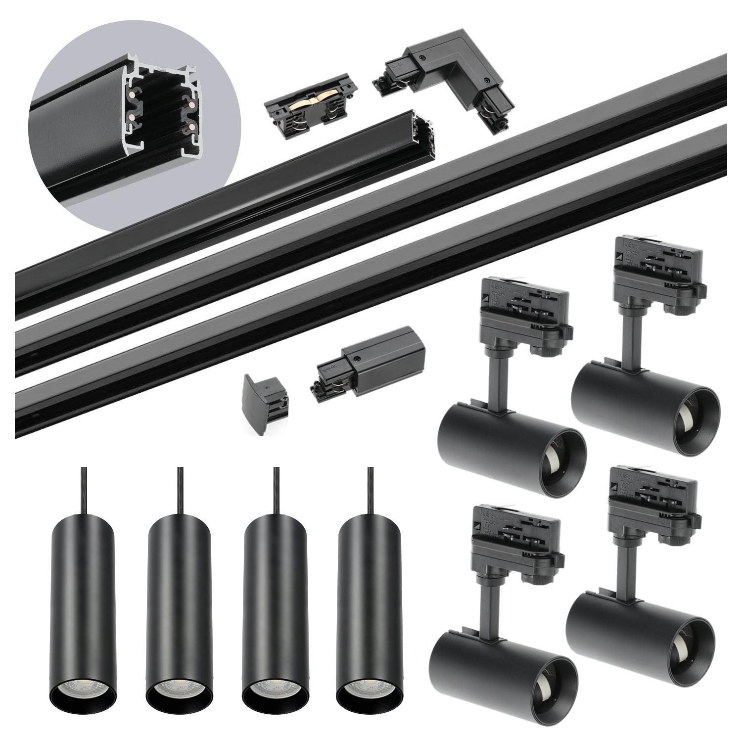 Zestaw szynowy 3 fazowy szyna 1m+2m+2m, 8x Lampa, łącznik wew. + L CZARNY - LAITICA