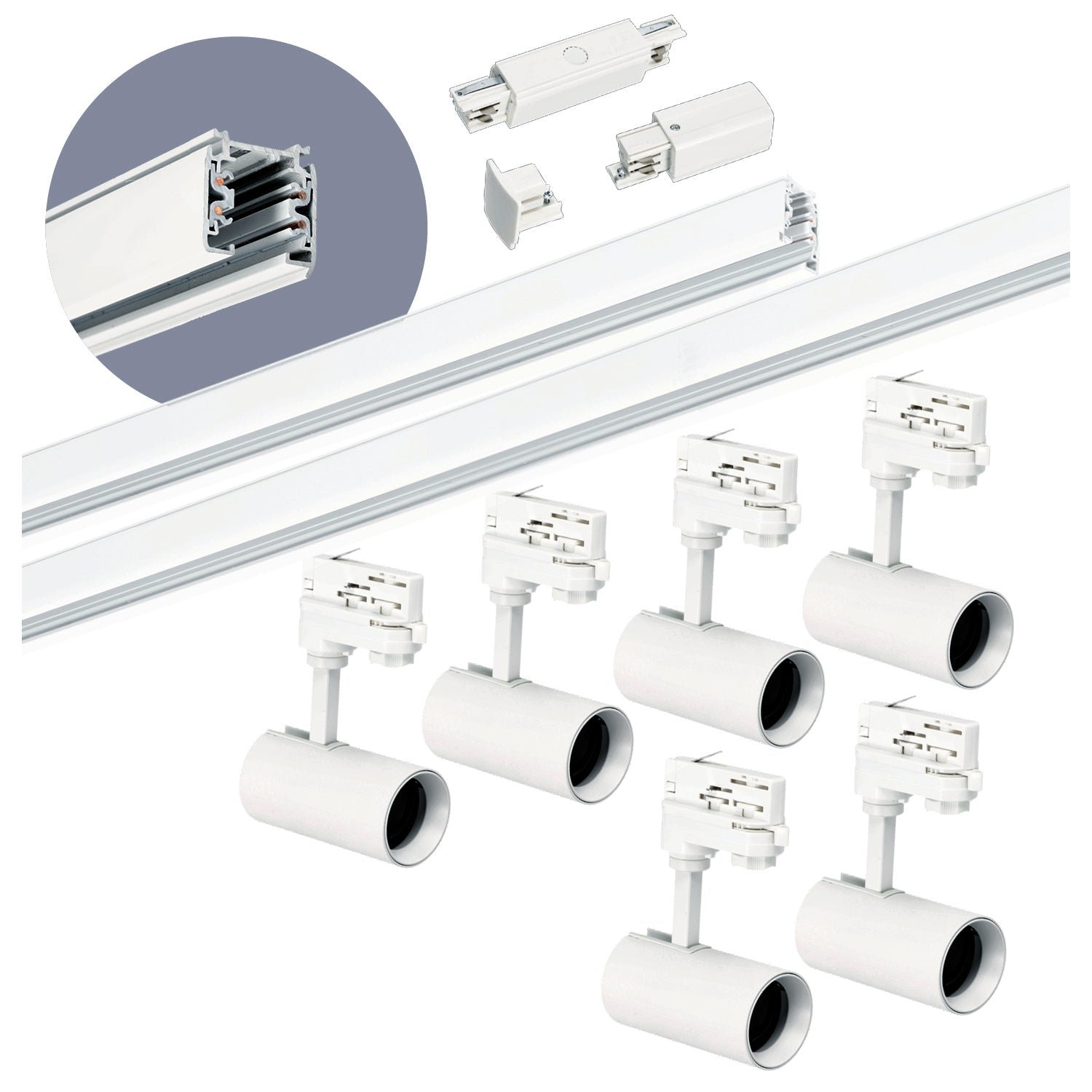 Zestaw szynowy 3 fazowy szyna 1m+2m,6x reflektor GU10,łącznik prosty BIAŁY - LAITICA