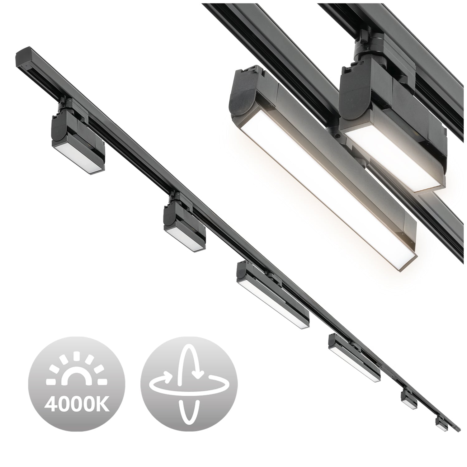 Zestaw Szynowy 3 fazowy szyna 2m + 1m + łącznik prosty + 4x lampy FLEX 12W + 2x lampy FLEX 36W zasilanie + zaślepka CZARNY - LAITICA