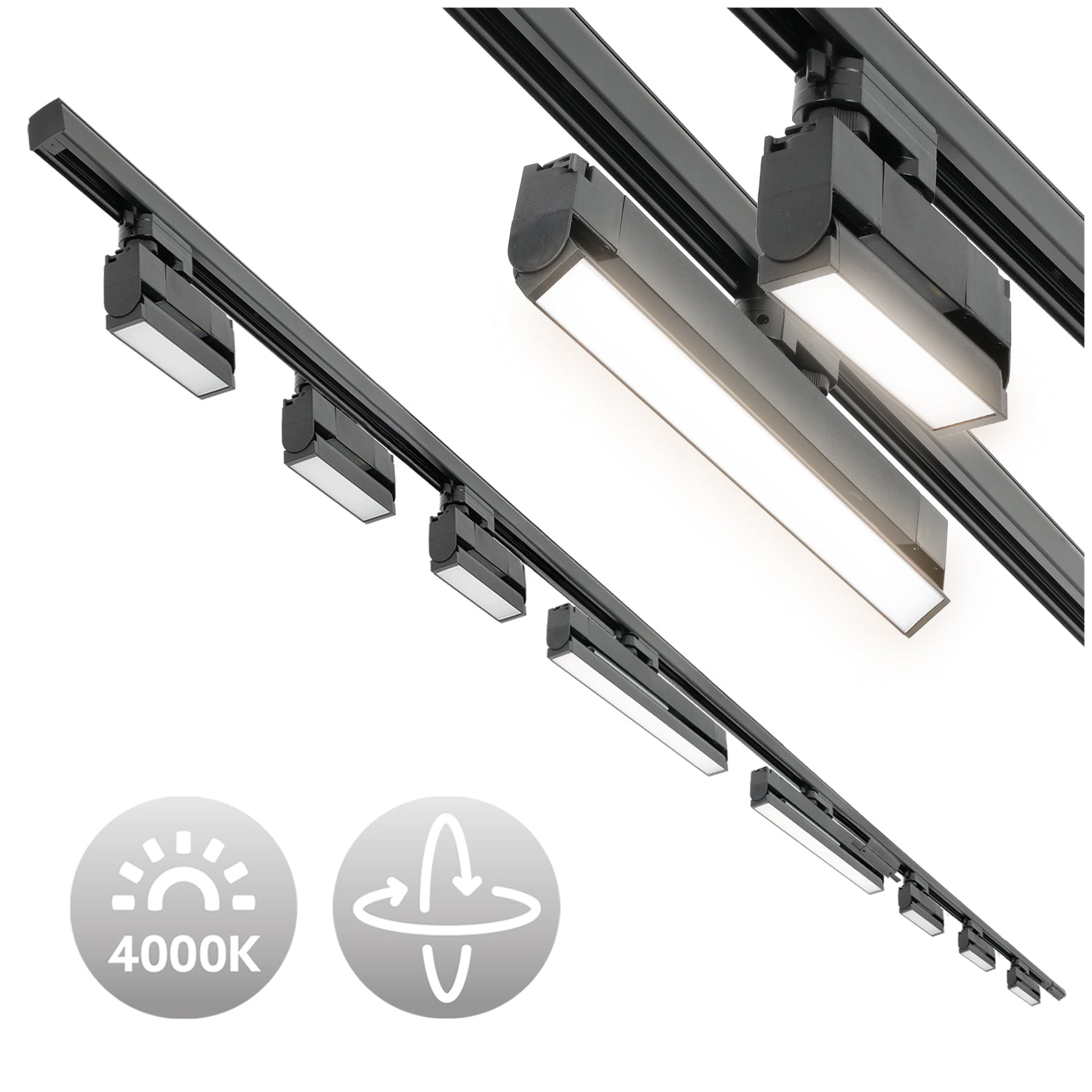 Zestaw Szynowy 3 fazowy szyna 2m + 1m + łącznik prosty + 6x lampy FLEX 12W + 2x lampy FLEX 36W zasilanie + zaślepka CZARNY - LAITICA