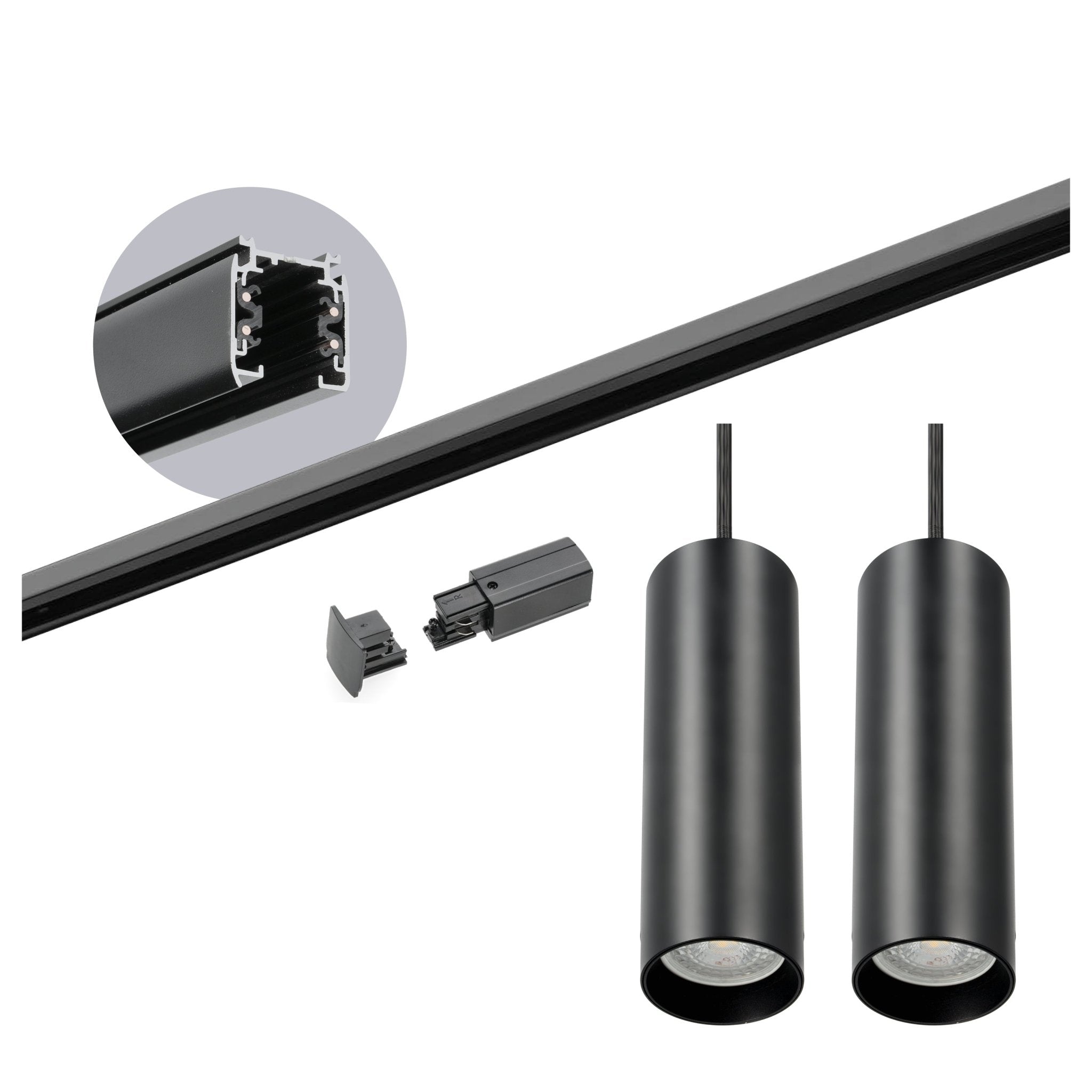Zestaw szynowy 3 fazowy szyna 2m, 2x Lampa wisząca CZARNY kompletny zestaw - LAITICA