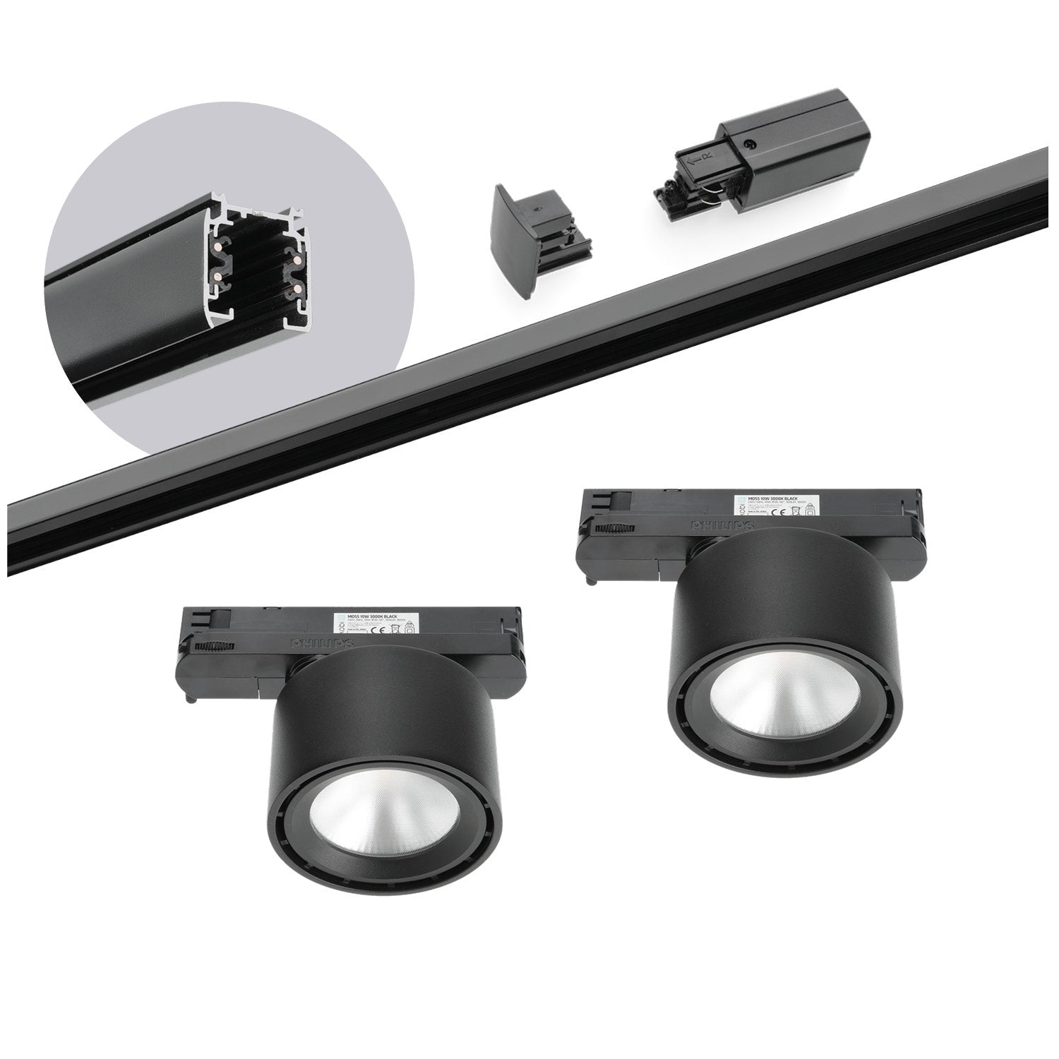 Zestaw szynowy 3 fazowy szyna 2m, 2x LED 20W CZARNY kompletny zestaw - LAITICA