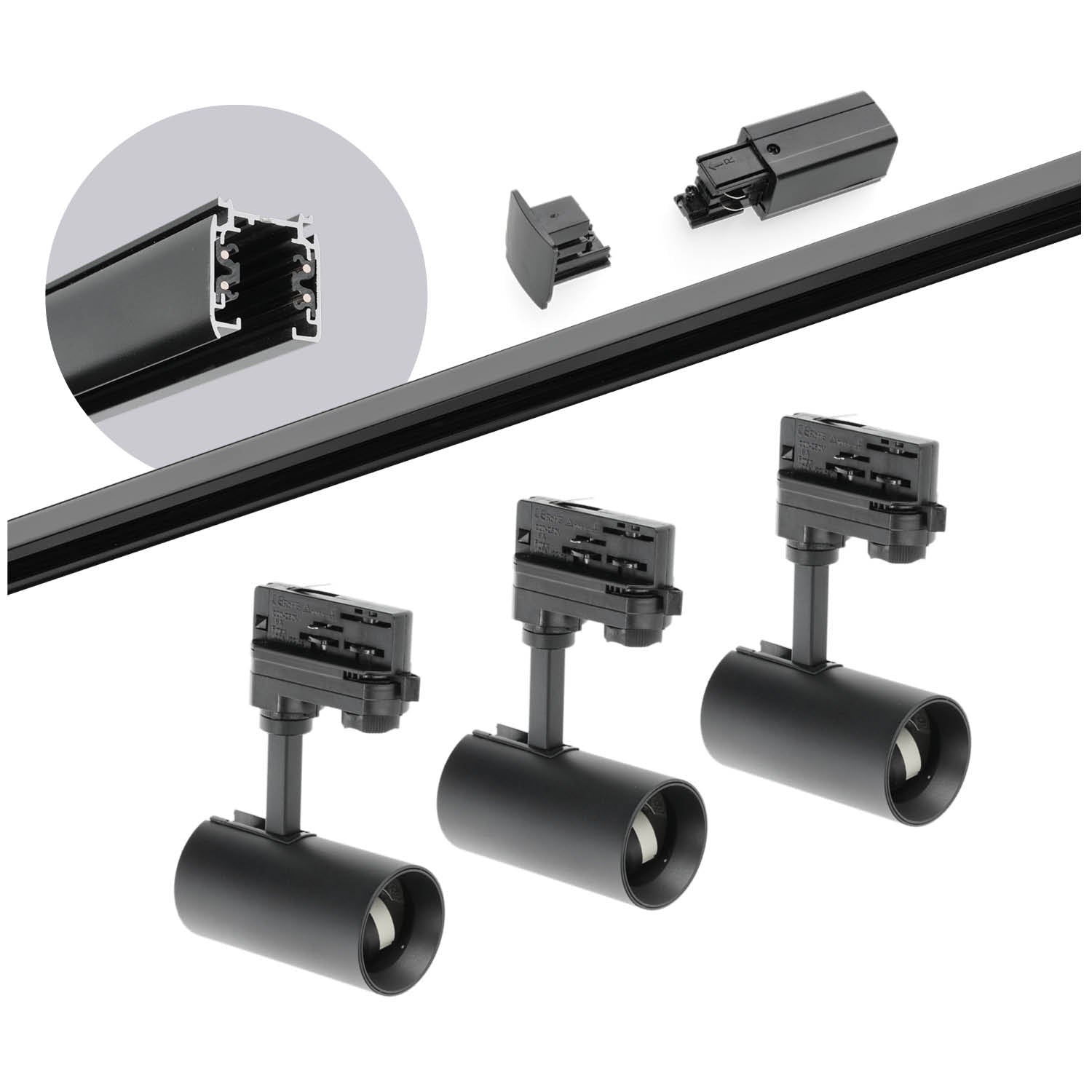 Zestaw szynowy 3 fazowy szyna 2m, 3x Lampa CZARNY kompletny zestaw - LAITICA