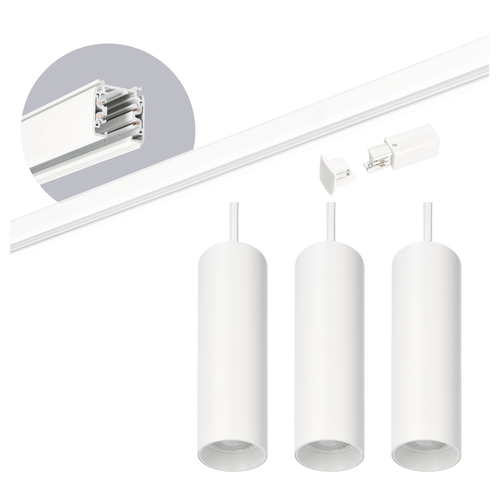 Zestaw szynowy 3 fazowy szyna 2m, 3x Lampa wisząca BIAŁY kompletny zestaw - LAITICA