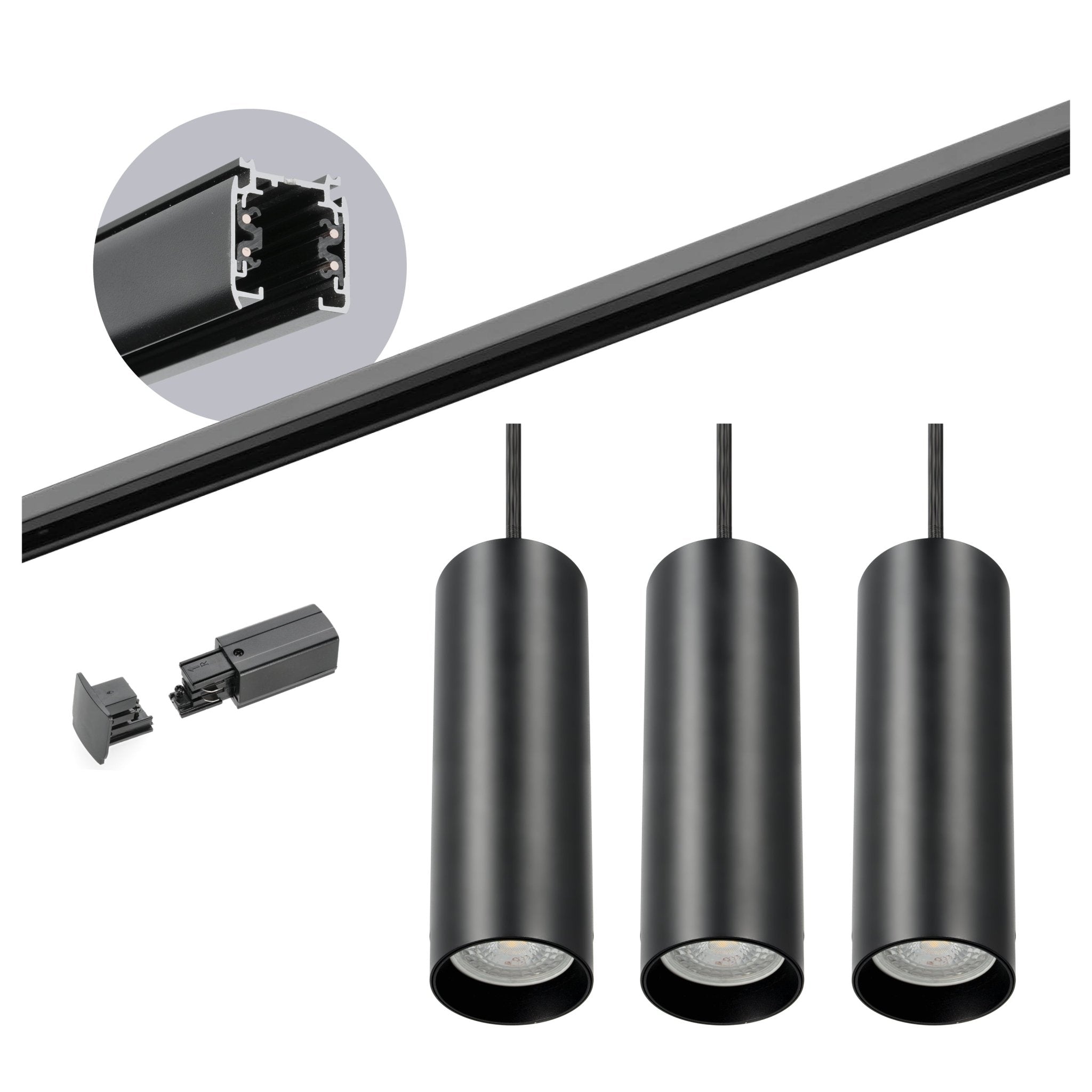 Zestaw szynowy 3 fazowy szyna 2m, 3x Lampa wisząca CZARNY kompletny zestaw - LAITICA