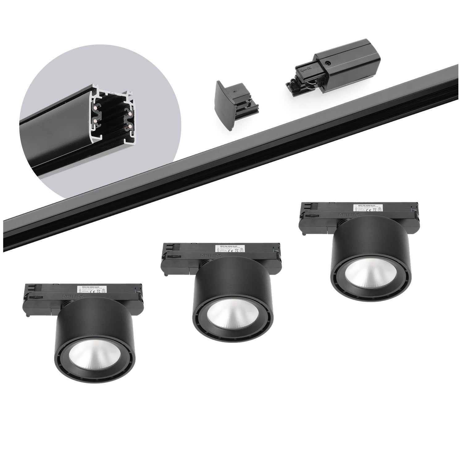 Zestaw szynowy 3 fazowy szyna 2m, 3x LED 10W CZARNY kompletny zestaw - LAITICA