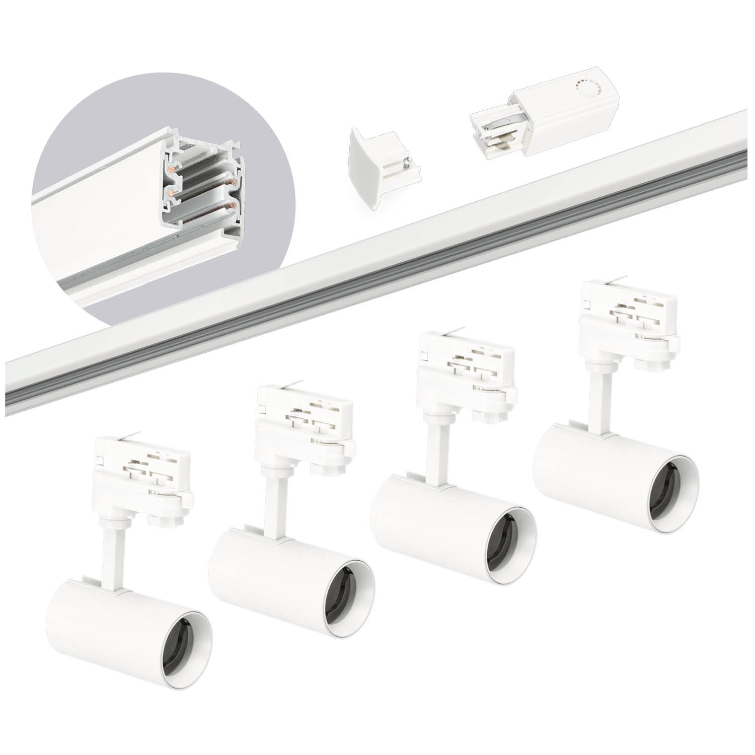 Zestaw szynowy 3 fazowy szyna 2m, 4x Lampa BIAŁY kompletny zestaw - LAITICA