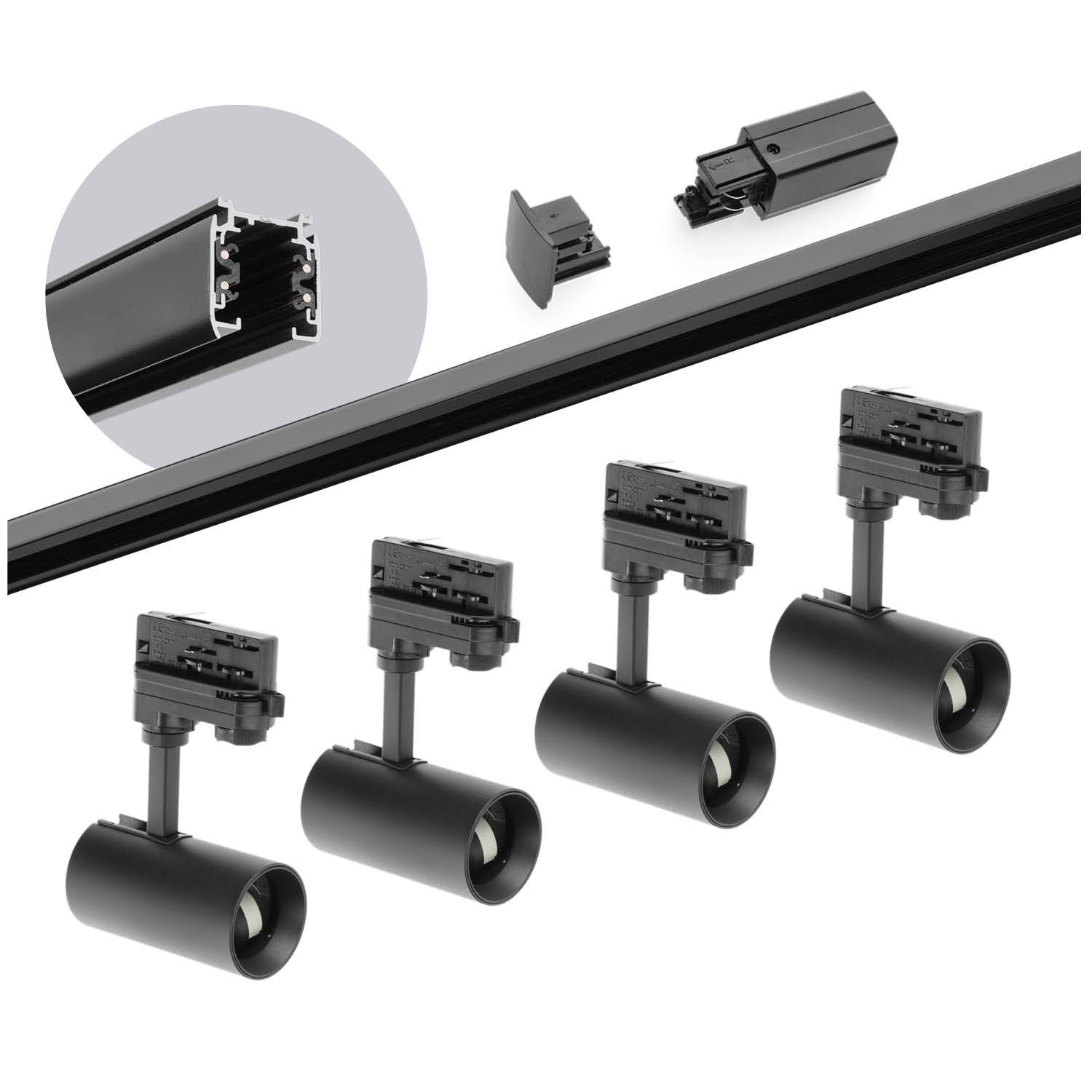 Zestaw szynowy 3 fazowy szyna 2m, 4x Lampa CZARNY kompletny zestaw - LAITICA