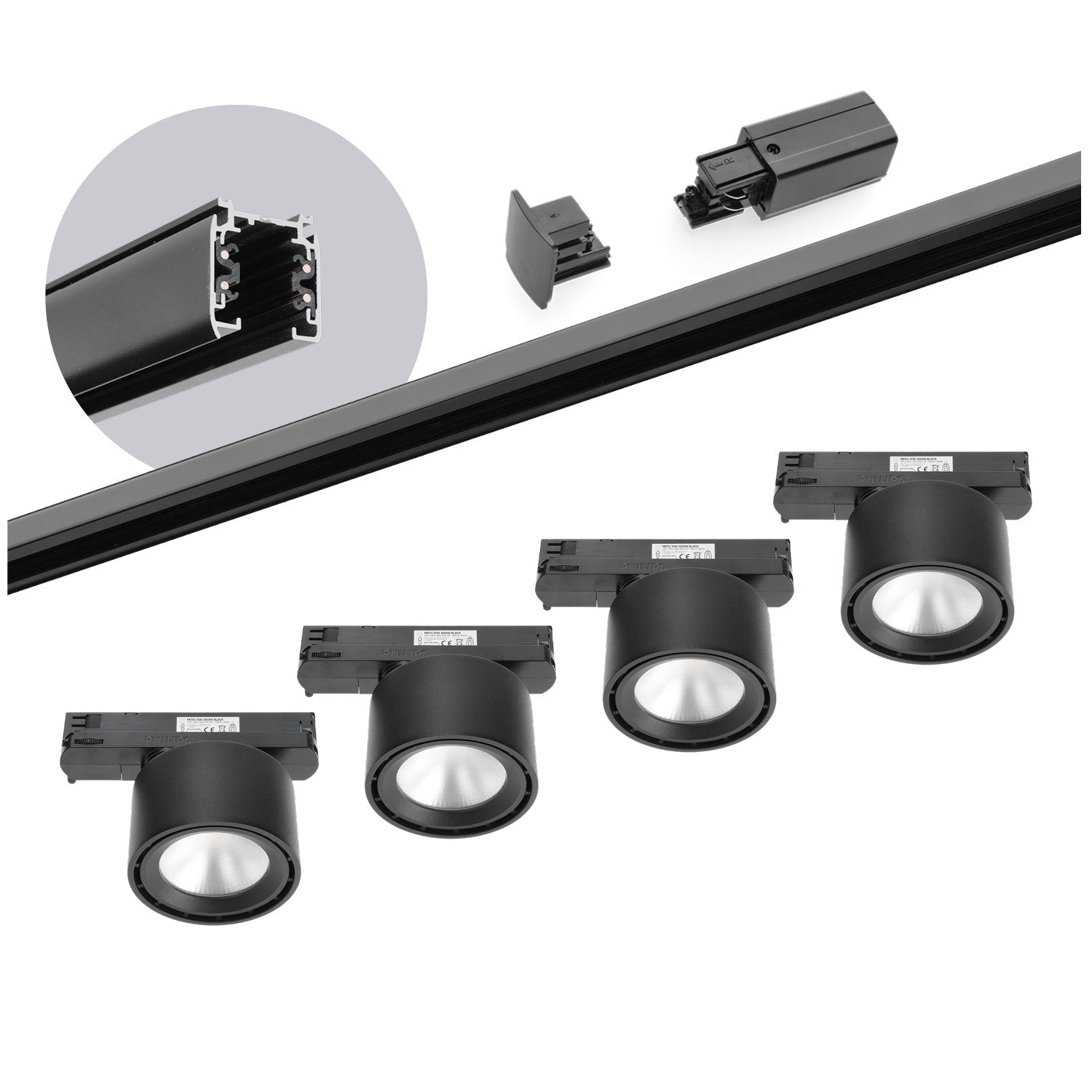 Zestaw szynowy 3 fazowy szyna 2m, 4x LED 10W CZARNY kompletny zestaw - LAITICA