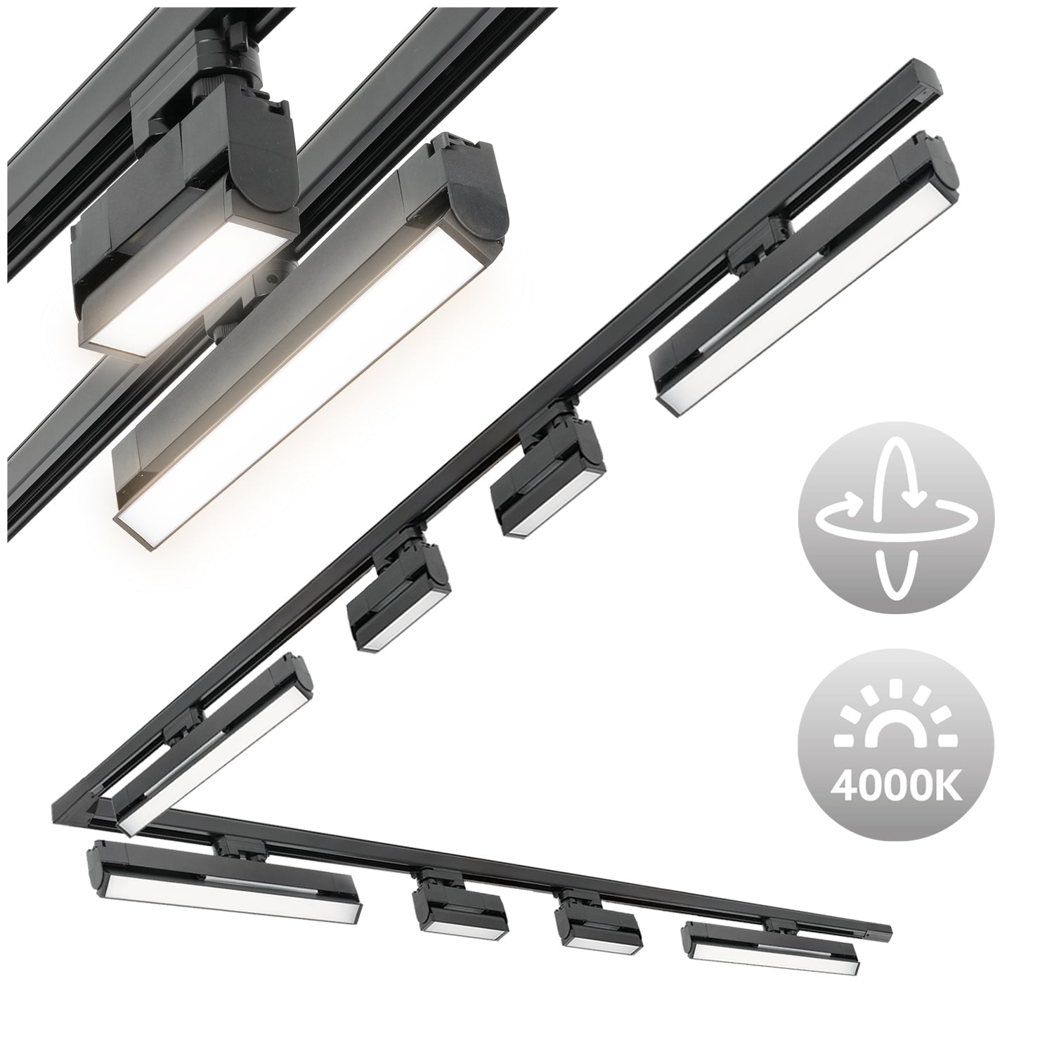 Zestaw szynowy 3 fazowy szyna 2m+2m, 4x Lampa FLEX 36W, 4 lampy flex 12W, łącznik L CZARNY komplet - LAITICA