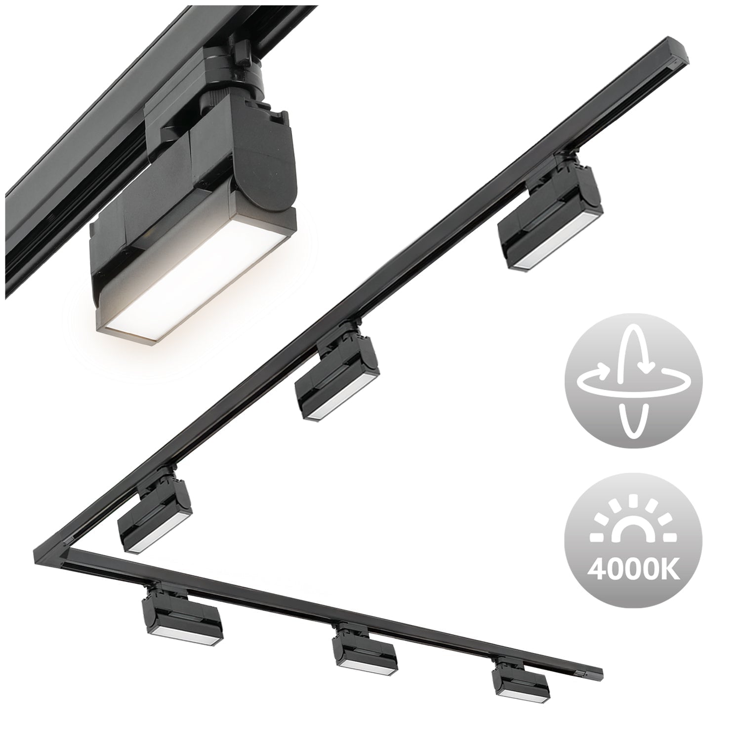 Zestaw szynowy 3 fazowy szyna 2m+2m, 6x Lampa FLEX 12W, łącznik L CZARNY komplet - LAITICA